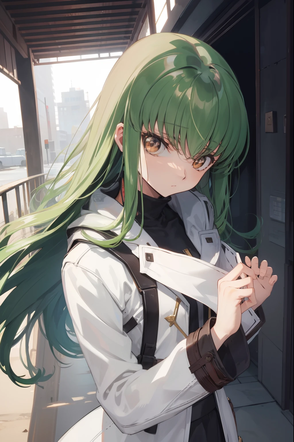 codegeasscc, cc, (brown eyes:1.5), green hair, long hair, straight hair,
BREAK straitjacket, (white straitjacket:1.5), wide sleeves,
BREAK outdoors, city,
BREAK looking at viewer, BREAK (masterpiece:1.2), best quality, high resolution, unity 8k wallpaper, (illustration:0.8), (beautiful detailed eyes:1.6), extremely detailed face, perfect lighting, extremely detailed CG, (perfect hands, perfect anatomy),