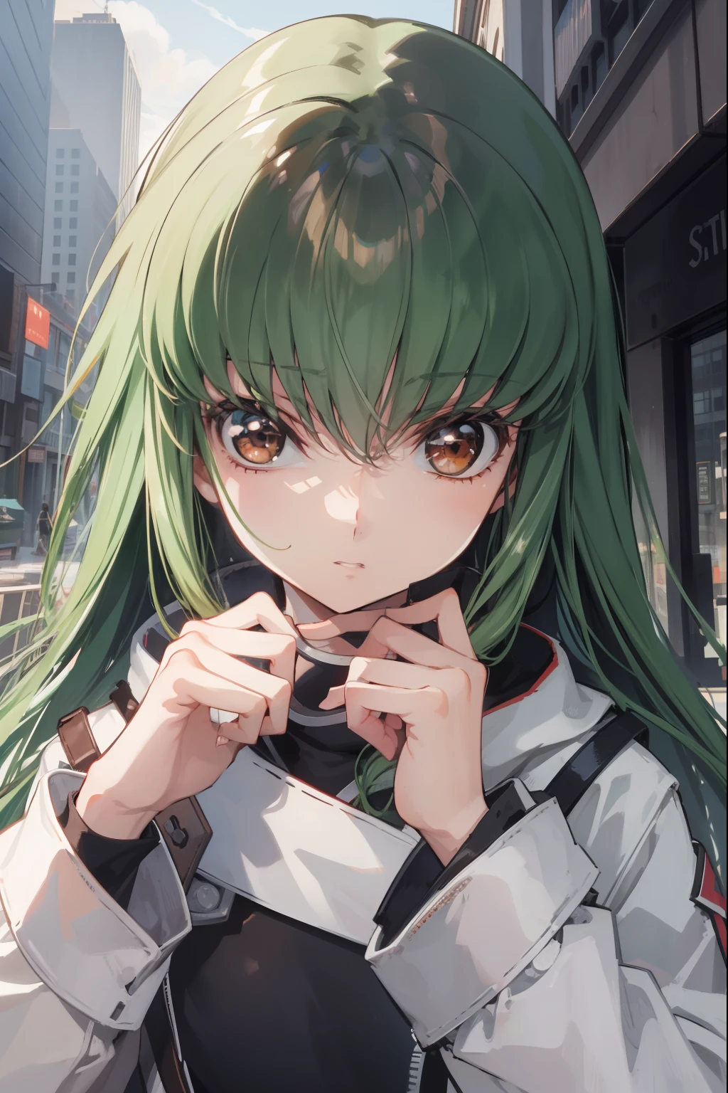codegeasscc, cc, (brown eyes:1.5), green hair, long hair, straight hair,
BREAK straitjacket, (white straitjacket:1.5), wide sleeves,
BREAK outdoors, city,
BREAK looking at viewer, BREAK (masterpiece:1.2), best quality, high resolution, unity 8k wallpaper, (illustration:0.8), (beautiful detailed eyes:1.6), extremely detailed face, perfect lighting, extremely detailed CG, (perfect hands, perfect anatomy),