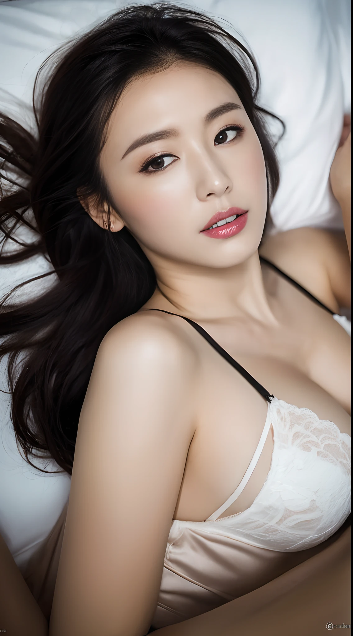 ((Best quality, 8K, Masterpiece:1.3, 1 girl, Beautiful girl)), Cute, Dynamism, Detailed face, Detailed skin, Detailed eyes, Detailed lips, Detailed fingers, Photorealistic, Raw photo, Natural lighting, dynamic pose, perfect anatomy, toned legs, big breasts, round eyes, double eyelid, tear bags, moist lips, (white hair, long hair, hair between eyes, lying in satin bed), underboob:1.4, from above, masturbation, sheer, open mouth, japanese girl, closed eyes, red lingeries, sleeping, close up, pov