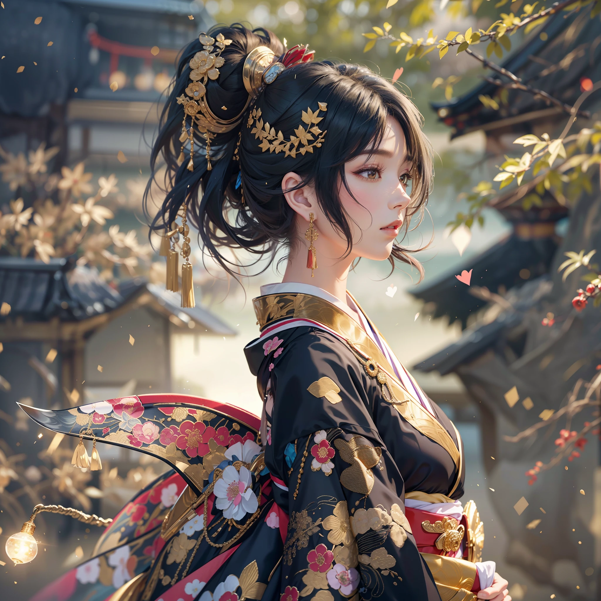 watching at viewers,Gouño on dark background(kyoto、starryskybackground,dense background),perfect hand、Woman with shiny black hair、Break Ponytail、elaborate costume{Luxury kimono(Colorful kimono(Detailed golden embroidery,))}、face perfect,Depict a beautiful and graceful woman of Japan。Heart in the eye。full body Esbian。 Wallpaper 8K, .Blur the background with a sickle,((masutepiece)), ((Best Quality)),{{Photorealistic}}
