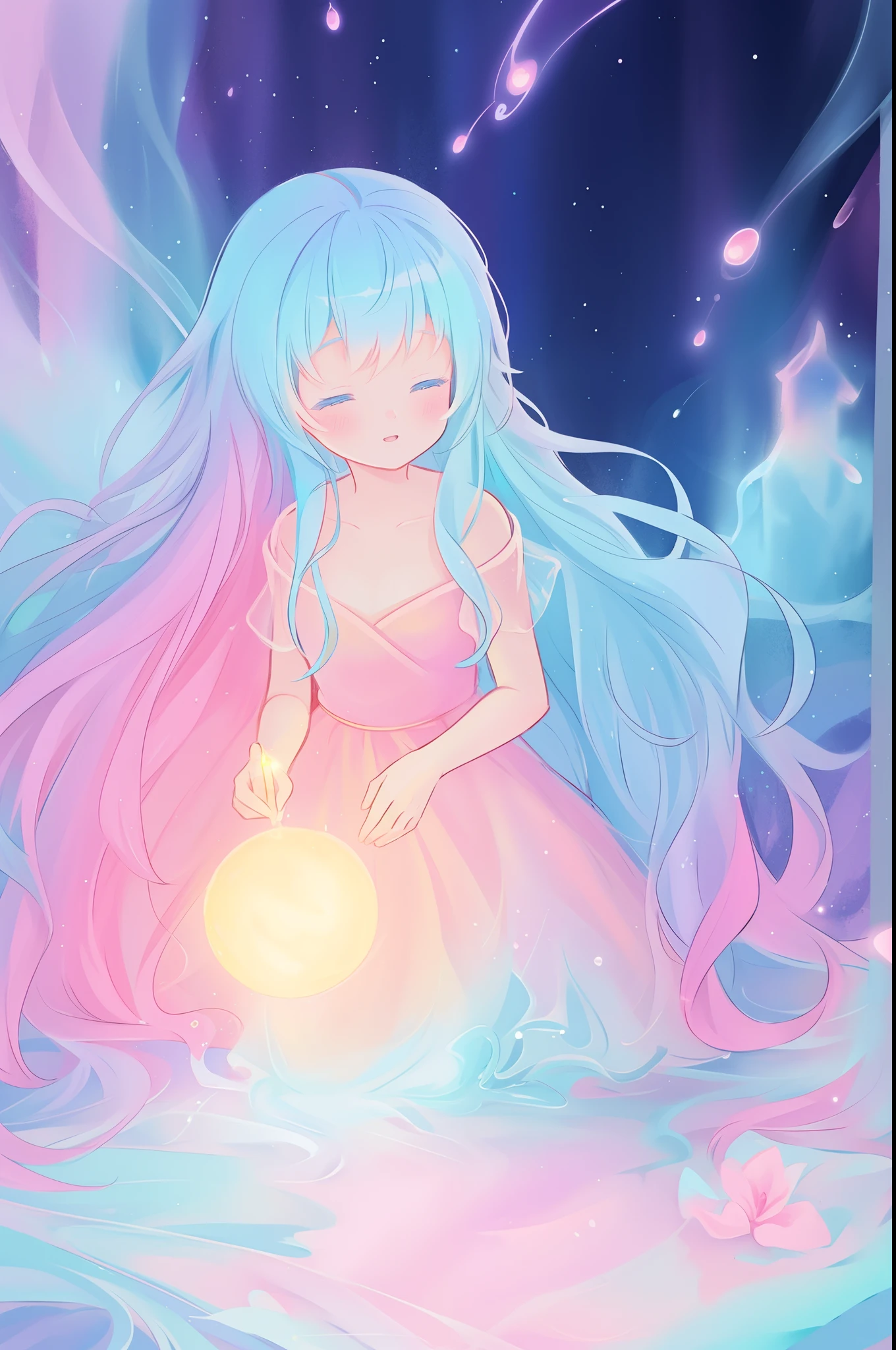 beautiful anime girl, inspired by Glen Keane, inspired by Lois van Baarle, (disney art style), by Lois van Baarle, glowing aura around her, by Glen Keane, jen bartel, glowing lights! digital painting, flowing glowing hair, glowing flowing hair, beautiful digital illustration, magical, whimsical, fantasia background, liquid ballgown, liquid hair, colorful