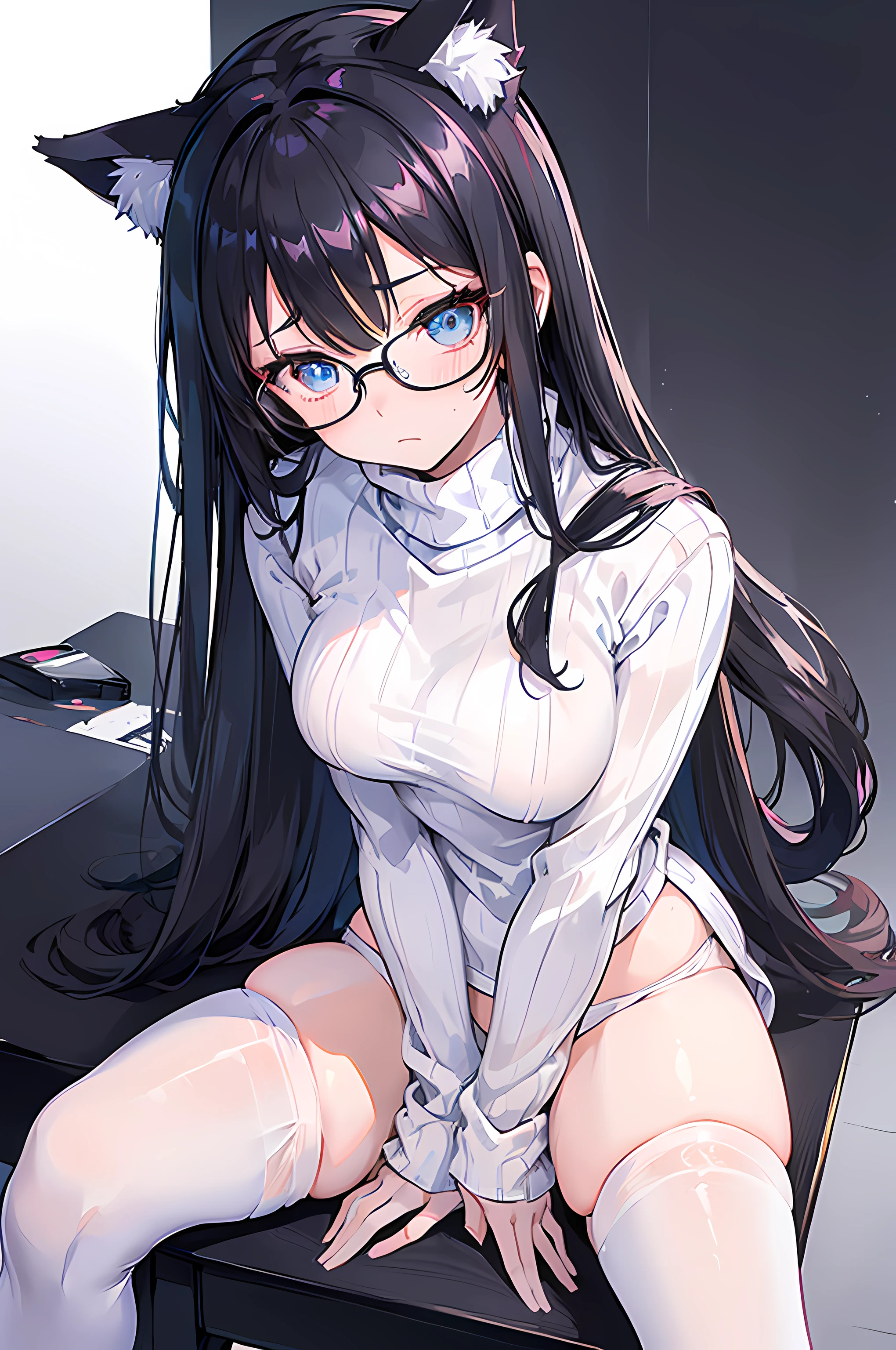 (((anime woman in a WHITE turtleneck cotton sweater outfit))), (((adult woman))) blue perfect eyes, (((black cat ears))), (((black hair))), (black messy hair), ((blushing)), embarrassed, ((sitting on a desk)), (((sitting while legs crossed))), anime moe artstyle, seductive anime girl, with glasses, anime visual of a cute girl,  ((with WHITE thigh highs)), (((no shorts))), (showing black panties), ((WHITE thigh highs socks)), ((covering panties with sweater)), spectacled, with BLACK glasses on, attractive anime girl, white background, (perfect hands, perfect anatomy), (front pov)