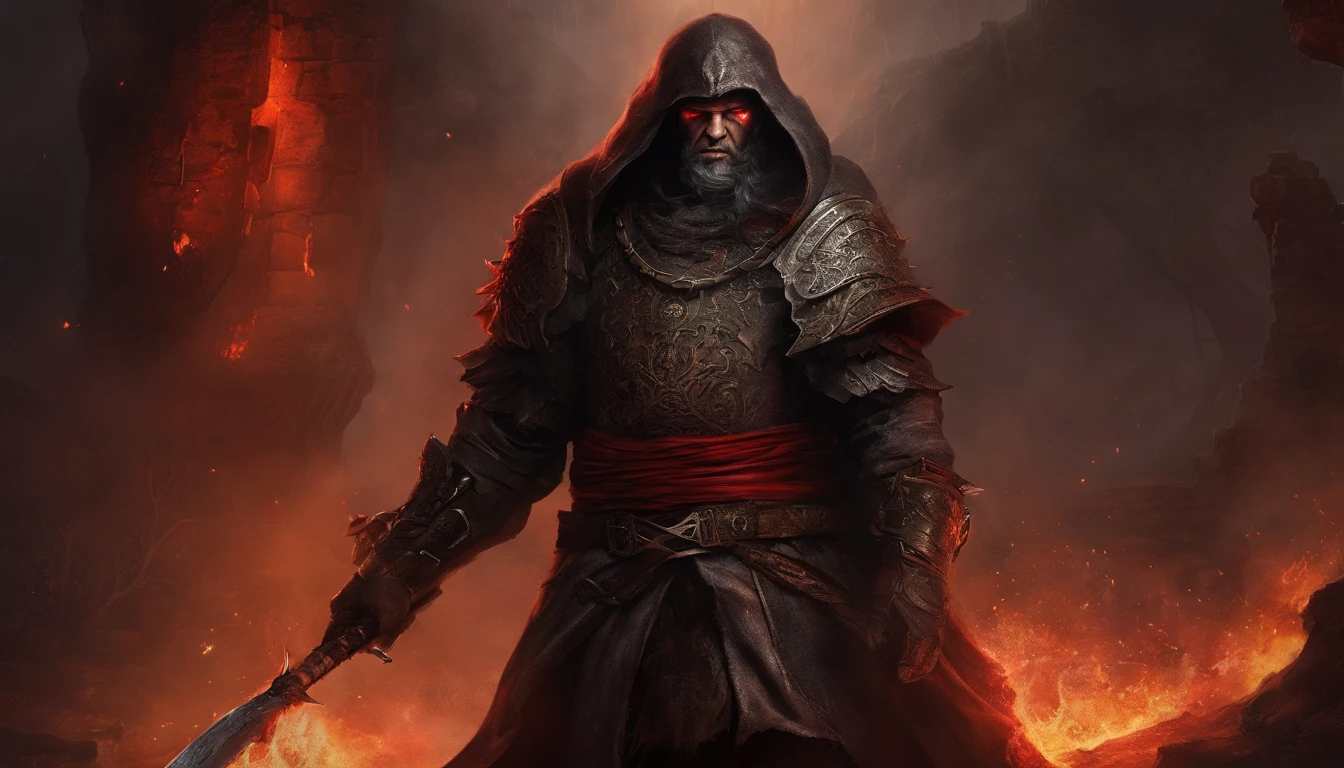 (ultra-detailed CG unit 8k wallpaper, Master parts, Best quality, depth of fields, hdr, 复杂), Tall, The sinister Dark Assassin wears a metal mask,Bright red eyes,Light and dark armor,Behind him,He wears a low-key red cloak。,Holding a sharp dagger in his arms,Step into the burning village, (复杂: 1.4) (Master parts: 1.4) (illustration: 1.4), Red studio lighting, Post-processing, 8K resolution, deep dark background, imponent, Well-composed photos, Impressive, dark fantacy (director: greg rutkovsky: 1.2), (darken: 1.5)