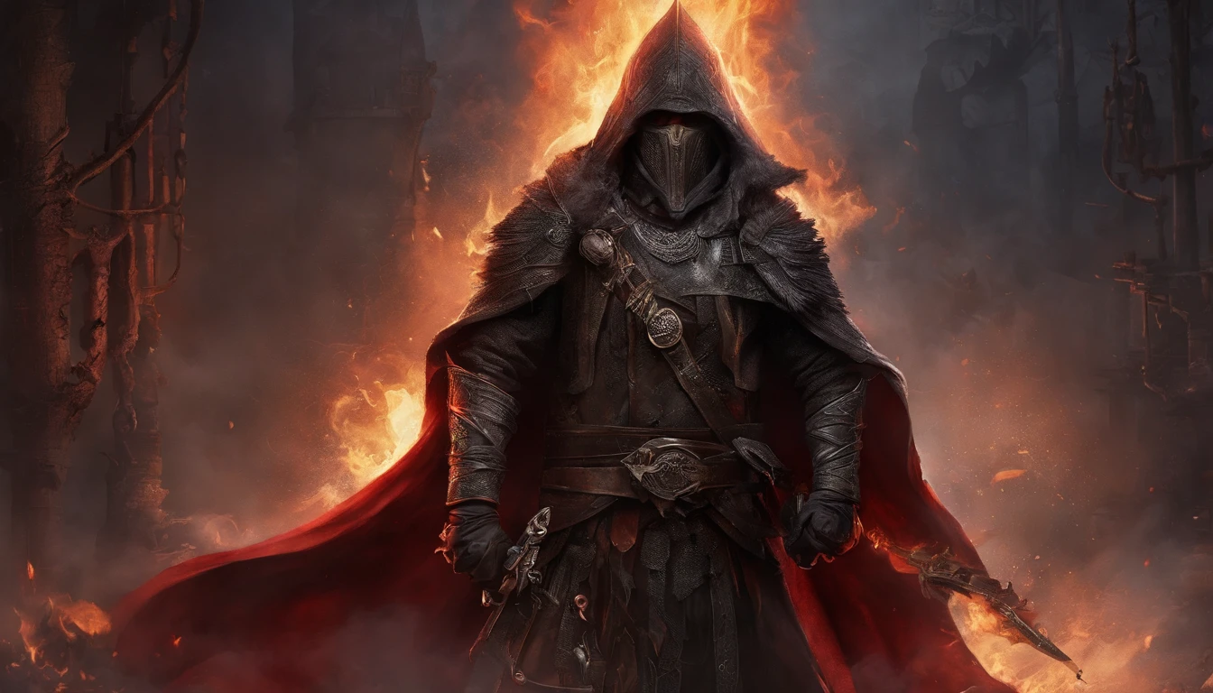 (ultra-detailed CG unit 8k wallpaper, Master parts, Best quality, depth of fields, hdr, 复杂), Tall, The sinister Dark Assassin wears a metal mask，Bright red eyes，Light and dark armor，Behind him，He wears a low-key red cloak。，Holding a sharp dagger in his arms，Step into the burning village, (复杂: 1.4) (Master parts: 1.4) (illustration: 1.4), Red studio lighting, Post-processing, 8K resolution, deep dark background, imponent, Well-composed photos, Impressive, dark fantacy (director: greg rutkovsky: 1.2), (darken: 1.5)