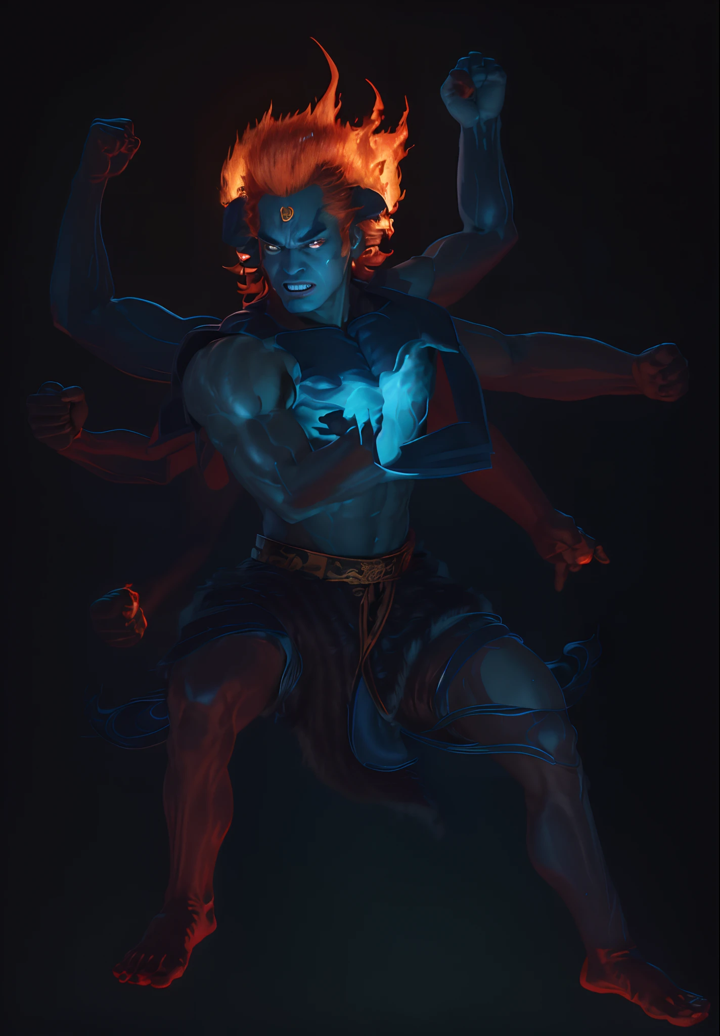 best qualtiy,tmasterpiece,超高分辨率,(Fidelity:1.4),RAW photogr,young handsome male,Facial hair,(((Flame hair))),(((redheadwear))),Avatar,(((Dark blue skin))),(((Dark blue throughout))),(((Blue man))),Blue man,fire in eyes,Flame eyes,irate,offcial art, (Extremely detailed Cg Unity 8K wallpaper),Stand in the sky,Pure background, 1 man,(((face))),Young and handsome face,HD face,without a beard,nice hand,Good feet,Vajra Lux,King Ming,(Three-eyed god Yang Jian mythical character),(Three heads and six arms)(Yang Jian has three heads and six arms),Solo, Swarzenegger's muscles, Skirt made of tiger skin,Wear tiger fur,Tiger-like teeth,Zombie teeth,theelementoffire,The fire roared behind him,Hellfire,asura from chinese myth,firemage,by Yang J,holy fire spell art,com um rosto quadrado,oguchi,buck teeth,dog teeth,Strong muscles, (Photorealistic:1.4), (Masterpiece), (Best quality:1.2),Light and shadow tracking,Super HD,theelementoffire,asura from chinese myth,by Yang J,holy fire spell art