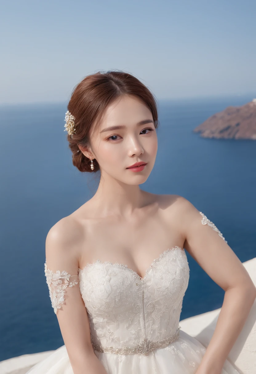 1 beautiful girl,Korean idol, (Realistic:1.3) (full bodyesbian:1.3), standing photo,Santorini, Stand in front of the( blue sea), White wedding dress, wedding decoration,Soft dress, Masterpiece, diffused soft lighting, Portrait, Best quality, (Perfect face:1.4), Ultra-realistic Highly detailed, Complex and realistic simulation style photos, Cinematic lighting, studio shoot, Elegant Pose, upper body