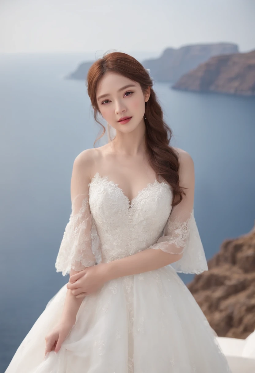 1 beautiful girl,Korean idol, (Realistic:1.3) (full bodyesbian:1.3), standing photo,Santorini, Stand in front of the( blue sea), White wedding dress, wedding decoration,Soft dress, Masterpiece, diffused soft lighting, Portrait, Best quality, (Perfect face:1.4), Ultra-realistic Highly detailed, Complex and realistic simulation style photos, Cinematic lighting, studio shoot, Elegant Pose, upper body