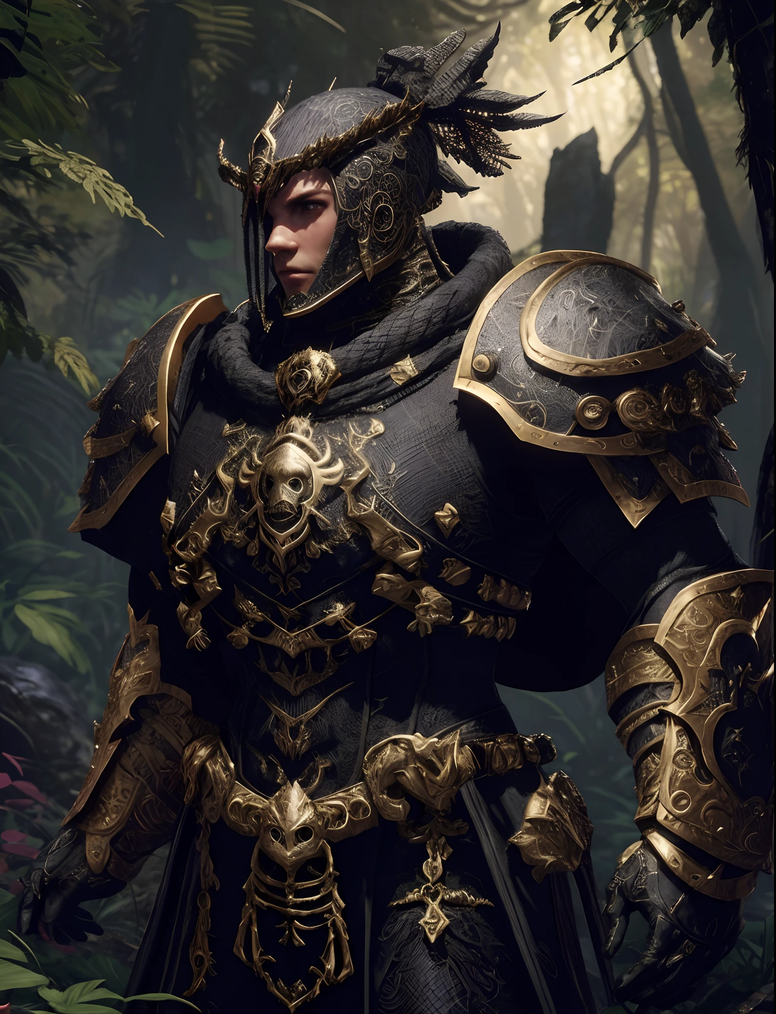 A closeup of a man in armor standing in a forest, 4K fantasia detalhe, personagem de fantasia hiperdetalhado, guerreiro de fantasia em armadura completa, armadura de fantasia detalhada, armadura de fantasia pesada, intrincada armadura ornamentada, Arte de fantasia 4k, render de armadura de fantasia pesada, Armadura preta e dourada, Arte de fantasia 8k, Unreal Engine Arte de fantasia, Armadura preta e dourada