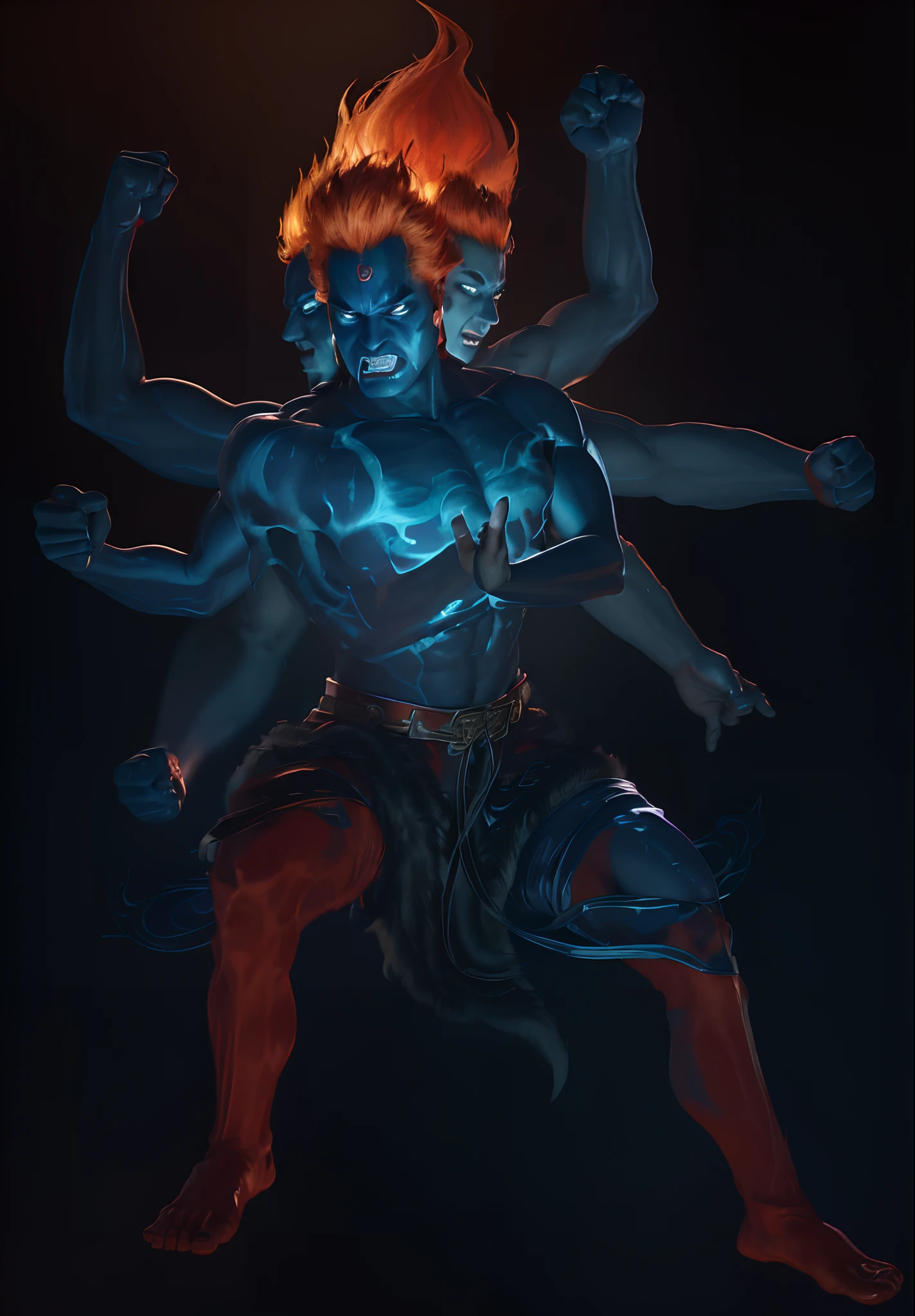 best qualtiy,tmasterpiece,超高分辨率,(Fidelity:1.4),RAW photogr,young handsome male,Facial hair,(((Flame hair))),(((redheadwear))),Avatar,(((Dark blue skin))),(((Dark blue throughout))),(((Blue man))),Blue man,offcial art, (Extremely detailed Cg Unity 8K wallpaper),Stand in the sky,Pure background, 1 man,(((face))),Young and handsome face,HD face,without a beard,nice hand,Good feet,Vajra Lux,King Ming,(Three-eyed god Yang Jian mythical character),(Three heads and six arms)(Yang Jian has three heads and six arms),Solo, Swarzenegger's muscles, Skirt made of tiger skin,Wear tiger fur,Tiger-like teeth,Zombie teeth,theelementoffire,The fire roared behind him,Hellfire,asura from chinese myth,firemage,by Yang J,holy fire spell art,com um rosto quadrado,oguchi,buck teeth,dog teeth,Strong muscles, (Photorealistic:1.4), (Masterpiece), (Best quality:1.2),Light and shadow tracking,Super HD,theelementoffire,asura from chinese myth,by Yang J,holy fire spell art