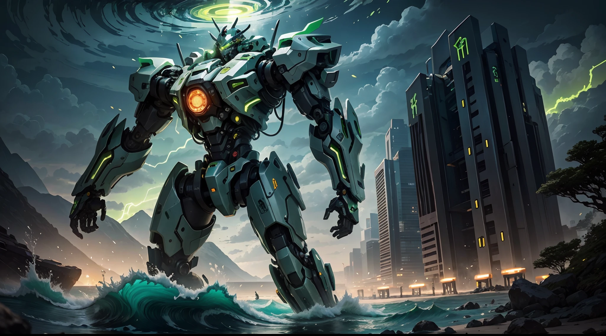 Green-glowing waves lapped at the legs buried in the water，Yu Xiao looked at the monster corpse beside him with the spare vision of the mecha's chest。