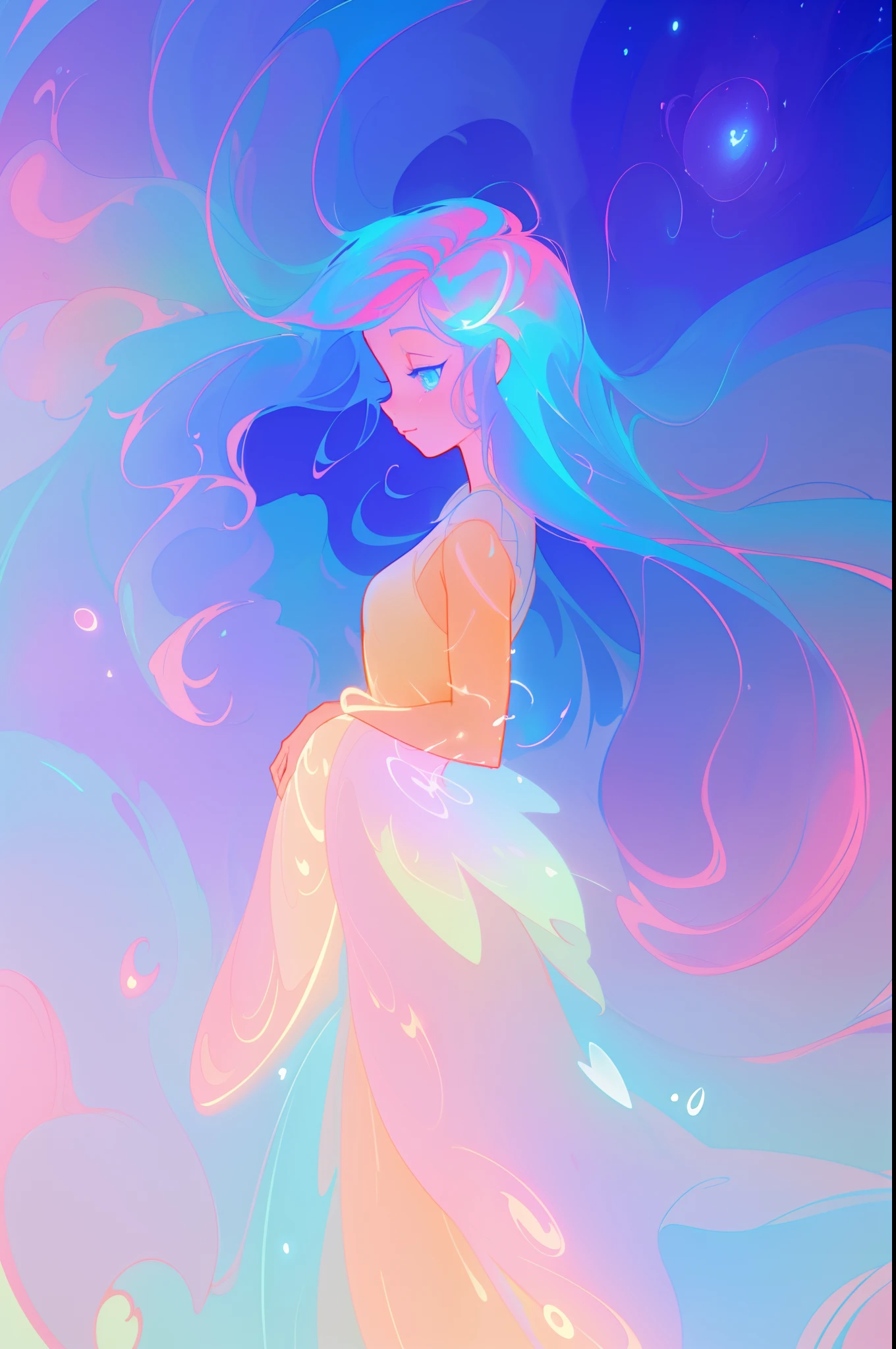 beautiful anime girl, inspired by Glen Keane, inspired by Lois van Baarle, (disney art style), by Lois van Baarle, glowing aura around her, by Glen Keane, jen bartel, glowing lights! digital painting, flowing glowing hair, glowing flowing hair, beautiful digital illustration, magical, whimsical, fantasia background, liquid ballgown, liquid hair, colorful