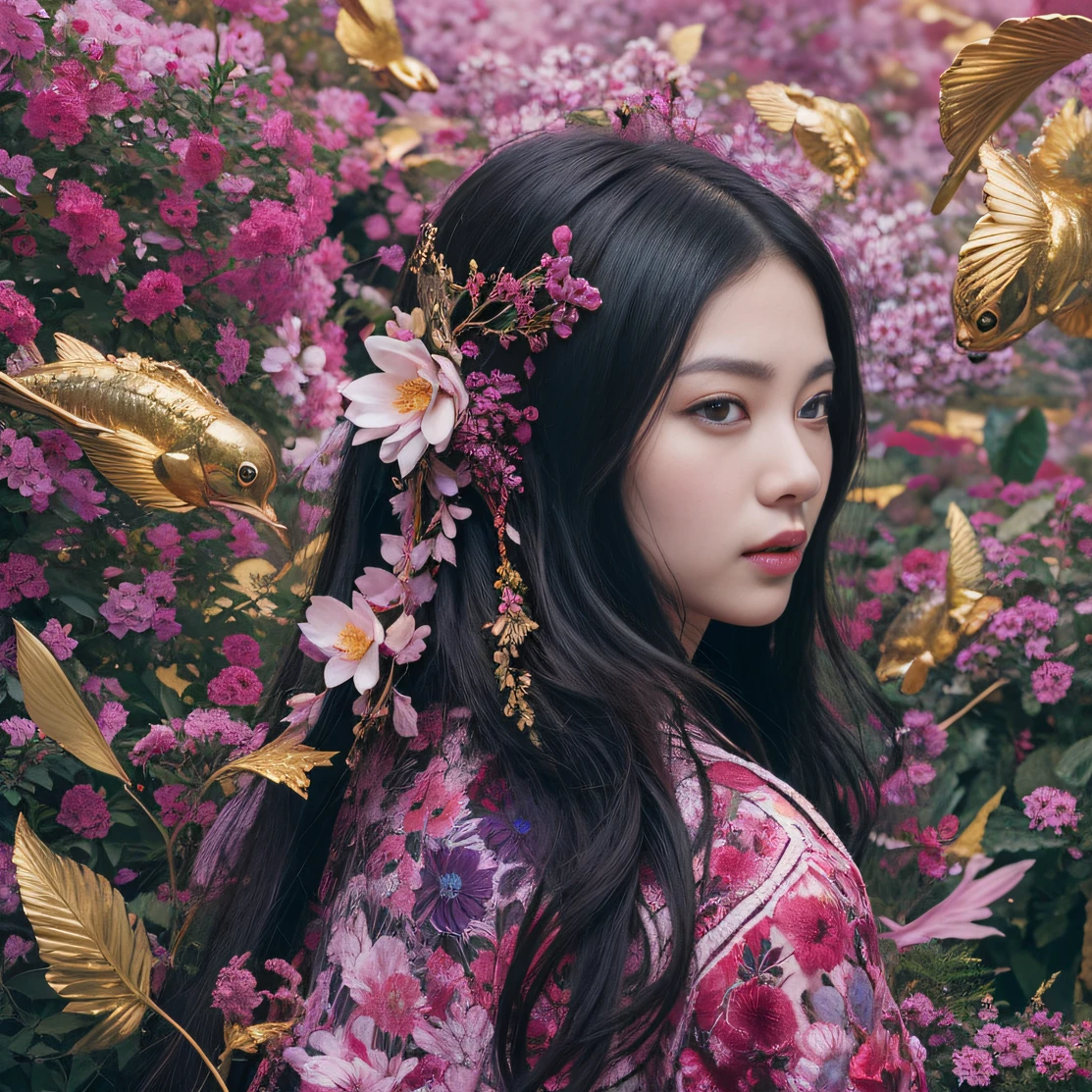 Gold backstop 32K(tmasterpiece,k hd,hyper HD,32K)Long flowing black hair,ponds,zydink, a color, Aozhou people (Concubine girl), (Purple silk scarf), Combat posture, looking at the ground, long whitr hair, Floating hair, Carp pattern headdress, Chinese long-sleeved clothing, (Abstract gouache splash:1.2), Pink petal background,Pink and white lotus flowers fly(realisticlying:1.4),Black color hair,Fallen leaves flutter,The background is pure, A high resolution, the detail, RAW photogr, Sharp Re, Nikon D850 Film Stock Photo by Jefferies Lee 4 Kodak Portra 400 Camera F1.6 shots, Rich colors, ultra-realistic vivid textures, Dramatic lighting, Unreal Engine Art Station Trend, cinestir 800,Long flowing black hair,Denim skirt