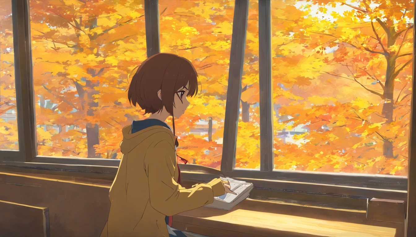 Autumn view outside the window，A gentle breeze blows into the house，The white curtains were blown up，Maple leaves fall outside the window，In the distance, it was a golden yellow，best qualtiy,hyper HD,high qulity,high detal,Perfect picture,anatomy correct,Textured skin,acurate,finedetail