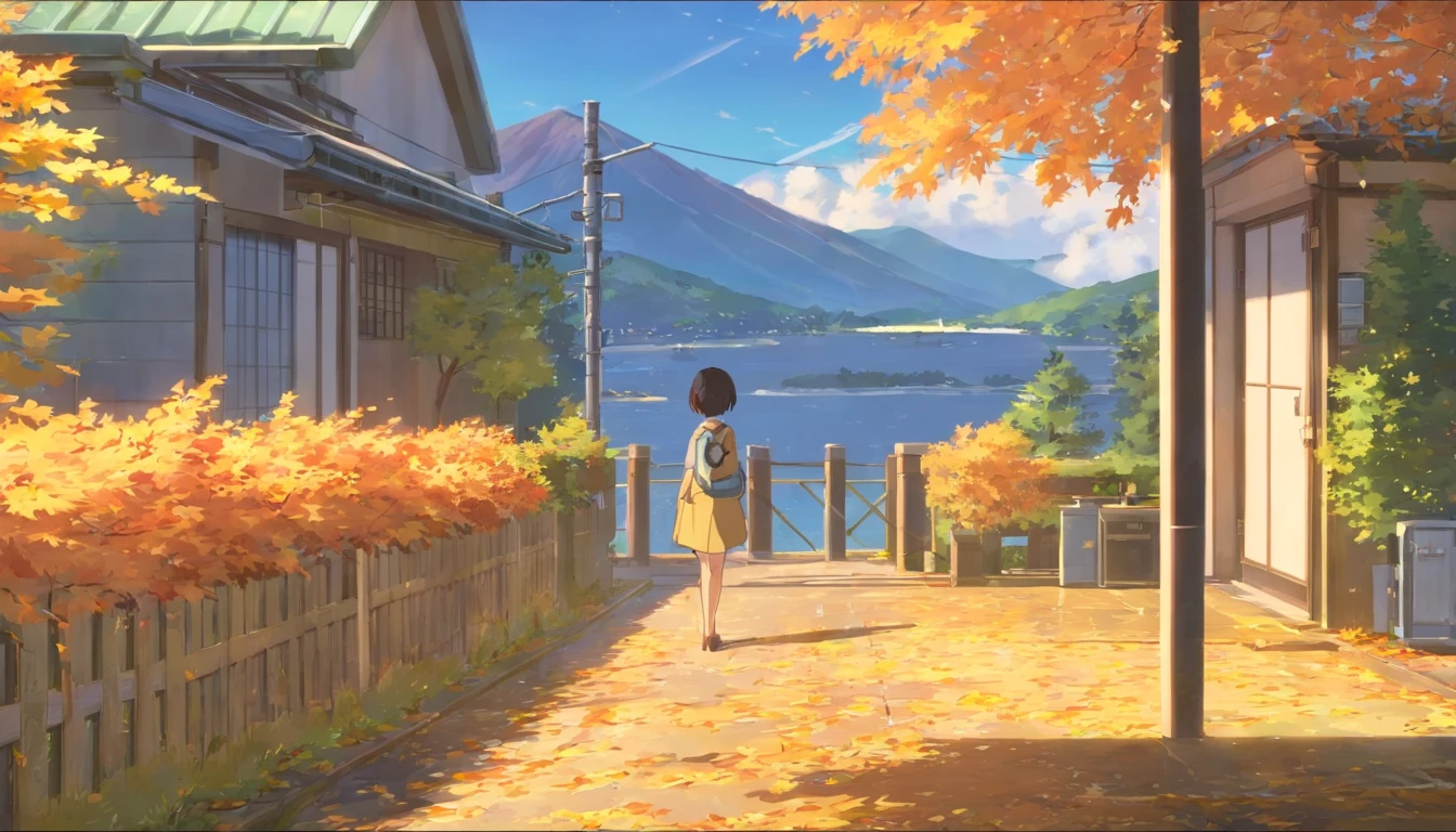 Autumn view outside the window,A gentle breeze blows into the house,The white curtains were blown up,Maple leaves fall outside the window,In the distance, it was a golden yellow,best qualtiy,hyper HD,high qulity,high detal,Perfect picture,anatomy correct,Textured skin,acurate,finedetail