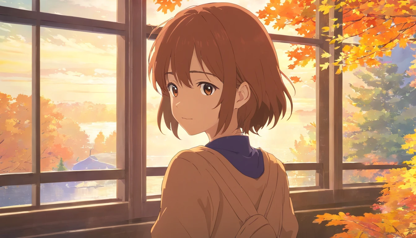 Autumn view outside the window,A gentle breeze blows into the house,The white curtains were blown up,Maple leaves fall outside the window,In the distance, it was a golden yellow,best qualtiy,hyper HD,high qulity,high detal,Perfect picture,anatomy correct,Textured skin,acurate,finedetail