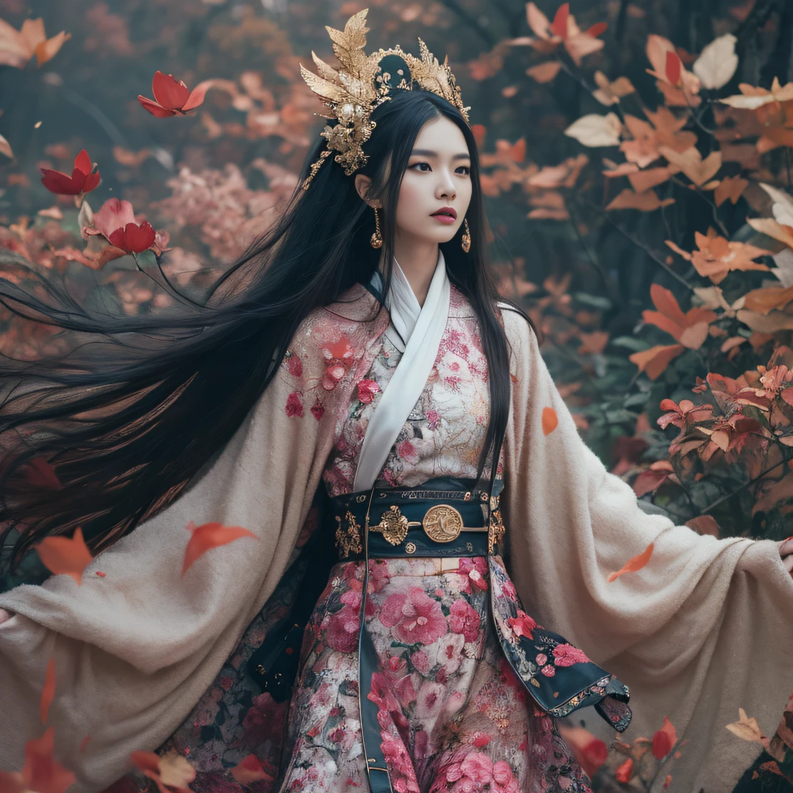 Gold backstop 32K(tmasterpiece,k hd,hyper HD,32K)Long flowing black hair,ponds,zydink, a color, Aozhou people (Concubine girl), (Purple silk scarf), Combat posture, looking at the ground, long whitr hair, Floating hair, Carp pattern headdress, Chinese long-sleeved clothing, (Abstract gouache splash:1.2), Pink petal background,Pink and white lotus flowers fly(realisticlying:1.4),Black color hair,Fallen leaves flutter,The background is pure, A high resolution, the detail, RAW photogr, Sharp Re, Nikon D850 Film Stock Photo by Jefferies Lee 4 Kodak Portra 400 Camera F1.6 shots, Rich colors, ultra-realistic vivid textures, Dramatic lighting, Unreal Engine Art Station Trend, cinestir 800,Long flowing black hair,Denim skirt