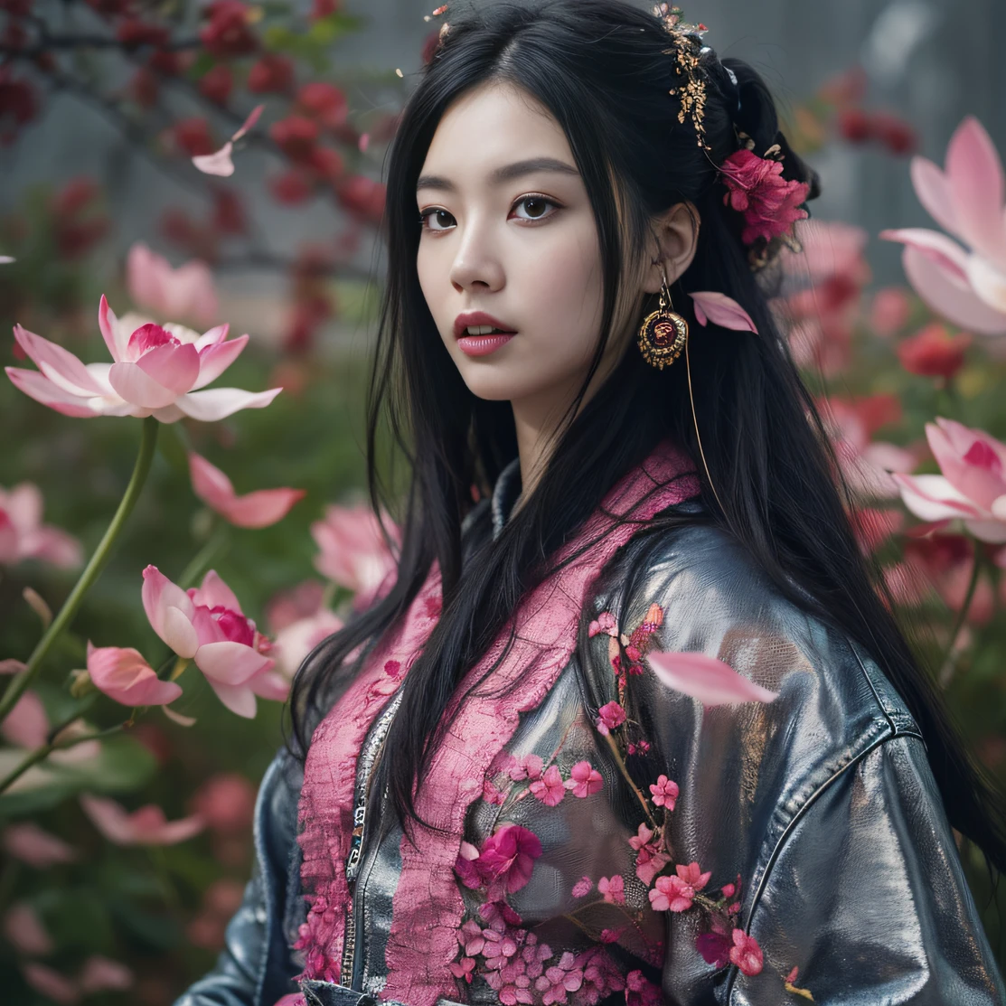 Gold backstop 32K(tmasterpiece,k hd,hyper HD,32K)Long flowing black hair,ponds,zydink, a color, Aozhou people (Concubine girl), (Purple silk scarf), Combat posture, looking at the ground, long whitr hair, Floating hair, Carp pattern headdress, Chinese long-sleeved clothing, (Abstract gouache splash:1.2), Pink petal background,Pink and white lotus flowers fly(realisticlying:1.4),Black color hair,Fallen leaves flutter,The background is pure, A high resolution, the detail, RAW photogr, Sharp Re, Nikon D850 Film Stock Photo by Jefferies Lee 4 Kodak Portra 400 Camera F1.6 shots, Rich colors, ultra-realistic vivid textures, Dramatic lighting, Unreal Engine Art Station Trend, cinestir 800,Long flowing black hair,Denim skirt