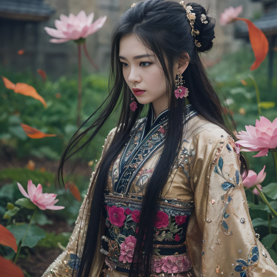 Gold backstop 32K(tmasterpiece,k hd,hyper HD,32K)Long flowing black hair,ponds,zydink, a color, Aozhou people (Concubine girl), (Purple silk scarf), Combat posture, looking at the ground, long whitr hair, Floating hair, Carp pattern headdress, Chinese long-sleeved clothing, (Abstract gouache splash:1.2), Pink petal background,Pink and white lotus flowers fly(realisticlying:1.4),Black color hair,Fallen leaves flutter,The background is pure, A high resolution, the detail, RAW photogr, Sharp Re, Nikon D850 Film Stock Photo by Jefferies Lee 4 Kodak Portra 400 Camera F1.6 shots, Rich colors, ultra-realistic vivid textures, Dramatic lighting, Unreal Engine Art Station Trend, cinestir 800,Long flowing black hair,Denim skirt