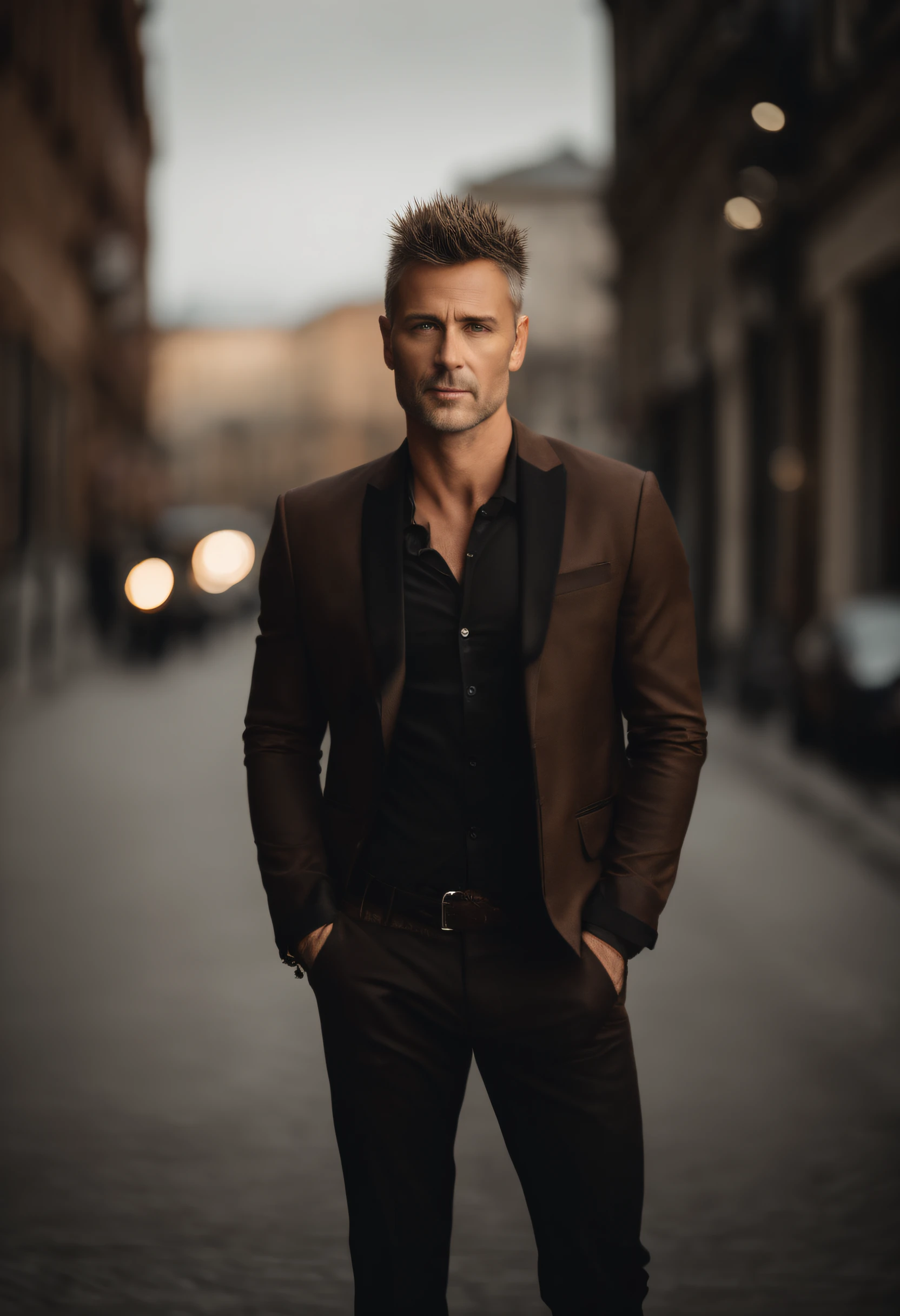 Cinematic portrait , a handsom man, Tall and fit, (40 years old:1.1), (shaven:1.2), (short brown spiky hair :1.5),(very short spiky hair:1.6). black tight suit, white shirt . Minimalistic background, clean composition, strong details, Muted Colours, Hasselblad, style raw
