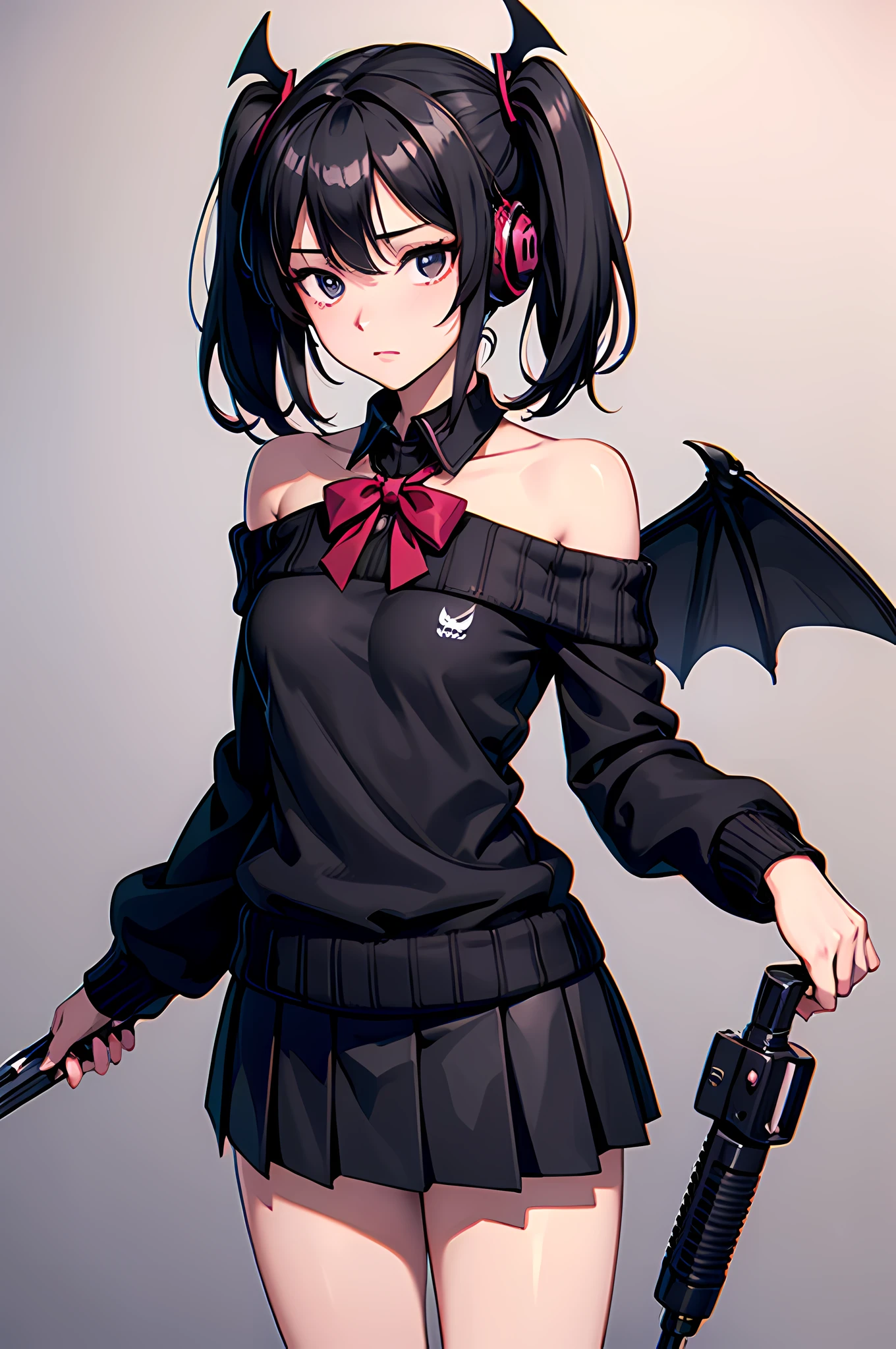 best quality,masterpiece,original,extremely detailed wallpaper,anime style,looking at viewer,1girl,solo,black hair,hair under eyes,short hair,messy hair,twintails,black off-shoulder_sweater,black detached_sleeves,black short skirt,standing,black ruffed bow collar,gun,bat wings,headphones,