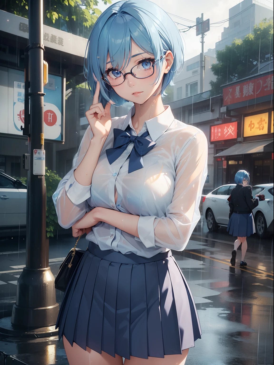 masutepiece, High resolution, 8K, anime woman, Delicate and detailed writing 、Detailed digital illustration、(((Pixie Bob)))、Shiny hair、a very beautiful woman、Eyes are double, Large,、 Bust D Cup、High image quality, High quality、Detailed background、((rainy background))、The inside of the eye shines like a diamond、(((Blue hair)))、(((swept bangs)))、Gradient pupil、(((2 arms、4 fingers, 1 thumb)))、Detailed female face、a very beautiful woman、、细致背景、masterpiece、Soft Focus , Bright gradient watercolor , Lens Flare , (((Glitter))) , Glow , Dreamy ,、a miniskirt、Idol、Light blue ribbon、Very beautiful light blue rose hair accessories、White and light blue and golden costume、((POV))、(((wears glasses)))、Dynamic Poses、intelligent woman、:D、Clothes are wet from rain、Clothes are wet and see-through、(((School Uniform 1.2)))