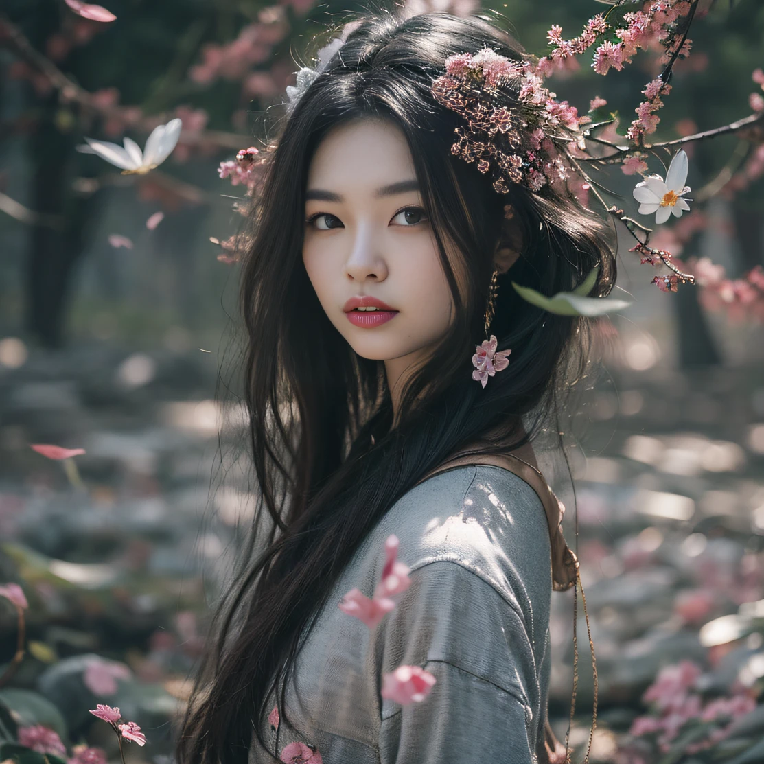 Gold backstop 32K（tmasterpiece，k hd，hyper HD，32K）Long flowing black hair，ponds，zydink， a color， Aozhou people （Concubine girl）， （Purple silk scarf）， Combat posture， looking at the ground， long whitr hair， Floating hair， Carp pattern headdress， Chinese long-sleeved clothing， （Abstract gouache splash：1.2）， Pink petal background，Pink and white lotus flowers fly（realisticlying：1.4），Black color hair，Fallen leaves flutter，The background is pure， A high resolution， the detail， RAW photogr， Sharp Re， Nikon D850 Film Stock Photo by Jefferies Lee 4 Kodak Portra 400 Camera F1.6 shots, Rich colors, ultra-realistic vivid textures, Dramatic lighting, Unreal Engine Art Station Trend, cinestir 800，Long flowing black hair，Denim skirt
