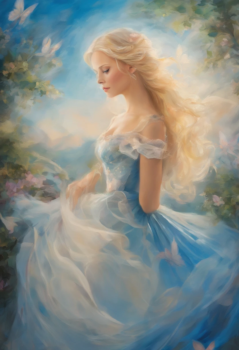 Painting of a woman with blonde hair and sylk dress, glossy silk, beautiful art uhd 4 k, oil panting, outdoor, garden,beautiful character painting, beautiful portrait oil painting, expressive beautiful painting, 
expressive beautiful portrait, side light, blue sky