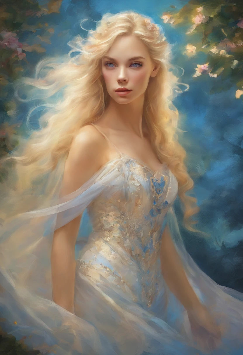 Painting of a woman with blonde hair and sylk dress, glossy silk, beautiful art uhd 4 k, oil panting, outdoor, garden,beautiful character painting, beautiful portrait oil painting, expressive beautiful painting, 
expressive beautiful portrait, side light, blue sky