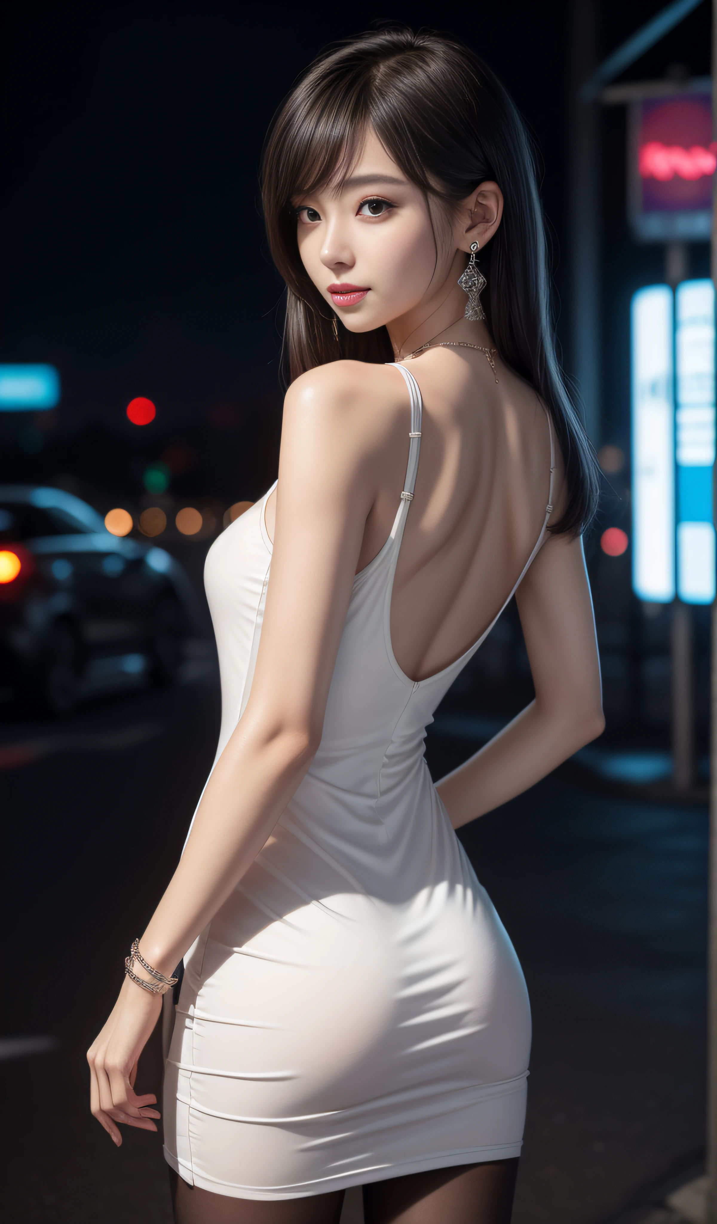 8K, Masterpiece, RAW photo, Best quality, detail:1.2),Photorealistic, Extremely detailed CG unified 8K wallpapers, Depth of field, Cinematic light, Lens flare, Ray tracing, (Extremely beautiful face, Beautiful lips, Beautiful eyes), intricate detail face, ((ultra detailed skin)) 1girll, In the dark, deepshadow, Pretty Korean girl, Kpop idol,(Very slim and slender muscular body:1.3), ((view the viewer)),(Big smile), (bodycon minidress),(Pink dress), (Panties exposed), (Injection sleeve) , (City Night, (neon lights sign), (Night), Pretty Korean girl, Earrings, bangle, necklace, Pantyhose, Clear eyes, Walking , (Pale skin), Face forward, (Big eyes), ((upperbody shots)), bodycon minidress, Silk mini dress ,Panties exposed, Turn Back, Back shot, Very slim, slander