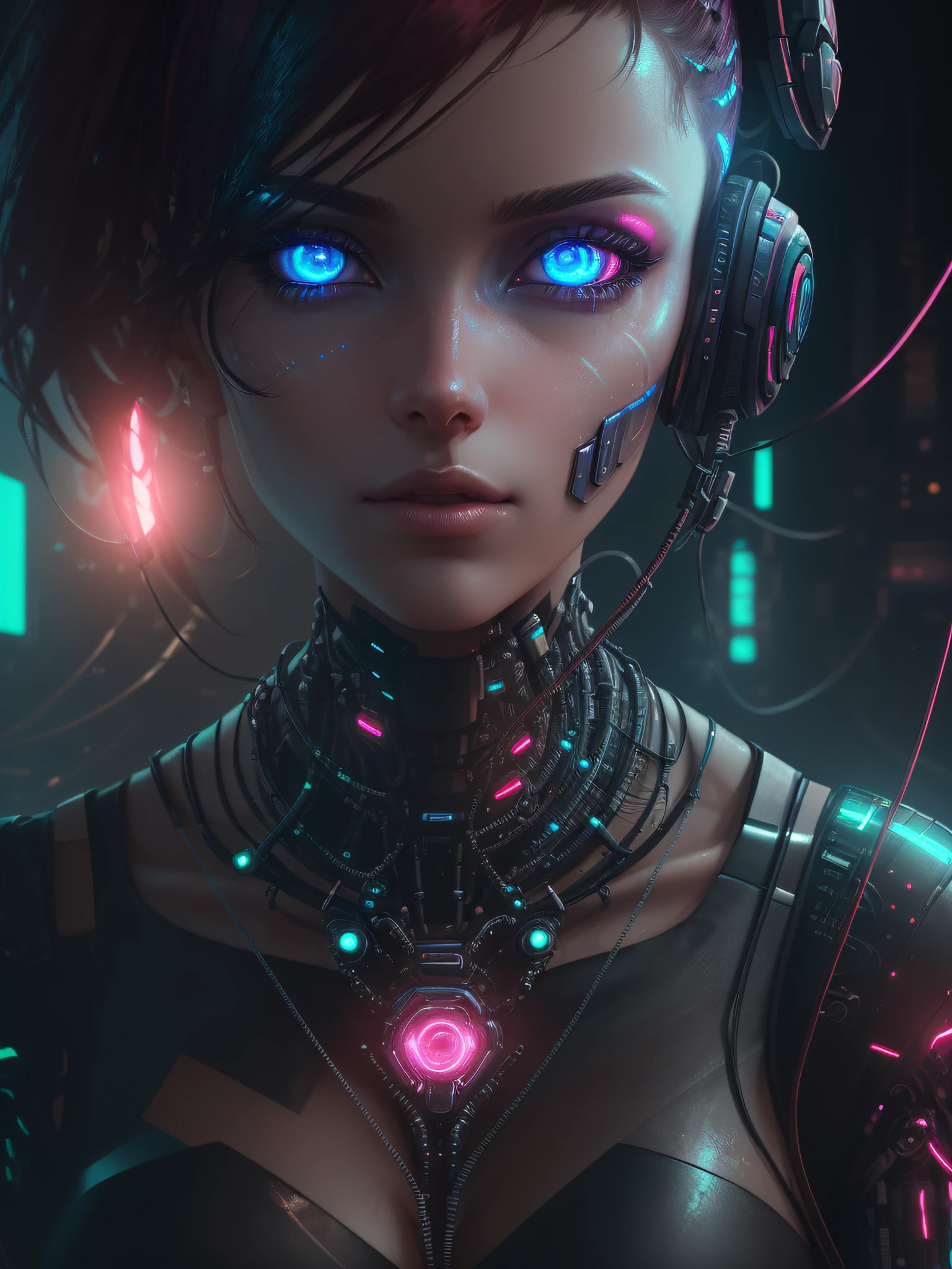 "(((A cyberpunk image of a pretty girl with cybernetic implants, with burgundy and baby blue tones, highly detailed, realistic and cinematic. The image must depict reflections in the character's eyes and luminous parts on the cybernetic parts of the body. They must also cables coming out of the body may be visible)))" - Image Type: Digital Illustration - Subject Description: A cyberpunk style digital illustration depicting a pretty girl with cybernetic implants. The image is highly detailed, realistic and has a cinematic atmosphere. The predominant tones are wine and baby blue. The illustration should emphasize reflections in the character's eyes and luminous parts in the cybernetic areas of the body. The presence of cables coming out of the body should also be visible. - Art Styles: Cyberpunk, Realism, Cinematic - Dominant Colors: Burgundy, Baby Blue - Subject Details: Girl with cybernetic implants, reflections in eyes, luminous parts on body, cables coming out of body - Rendering Techniques: Detailed Digital Illustration