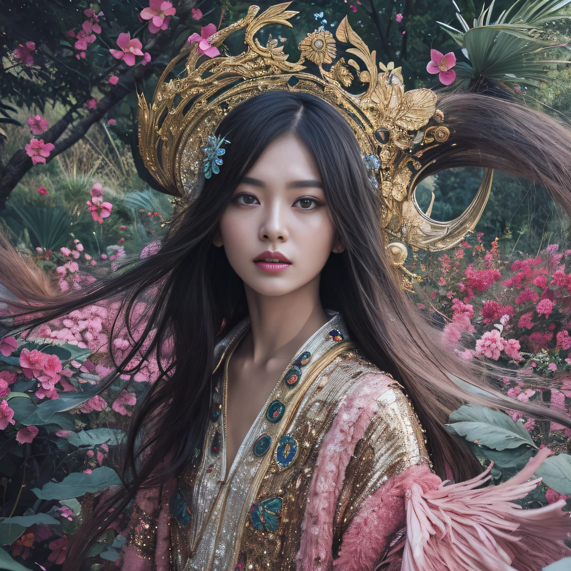 Gold backstop 32K（tmasterpiece，k hd，hyper HD，32K）Long flowing black hair，ponds，zydink， a color， Aozhou people （Concubine girl）， （Purple silk scarf）， Combat posture， looking at the ground， long whitr hair， Floating hair， Carp pattern headdress， Chinese long-sleeved clothing， （Abstract gouache splash：1.2）， Pink petal background，Pink and white lotus flowers fly（realisticlying：1.4），Black color hair，Fallen leaves flutter，The background is pure， A high resolution， the detail， RAW photogr， Sharp Re， Nikon D850 Film Stock Photo by Jefferies Lee 4 Kodak Portra 400 Camera F1.6 shots, Rich colors, ultra-realistic vivid textures, Dramatic lighting, Unreal Engine Art Station Trend, cinestir 800，Long flowing black hair，Denim skirt