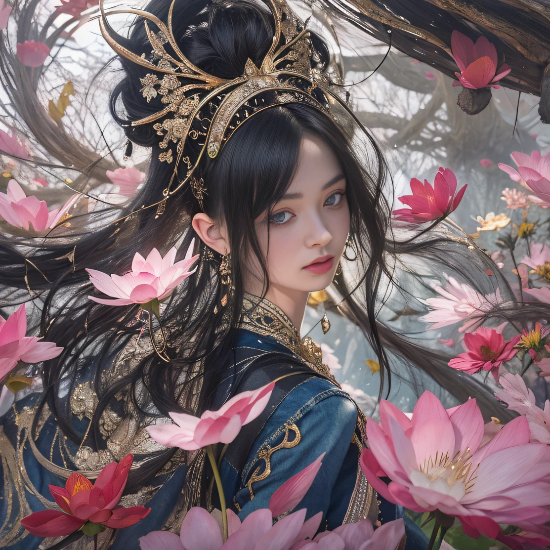 Gold backstop 32K(tmasterpiece,k hd,hyper HD,32K)Long flowing black hair,ponds,zydink, a color, Aozhou people (Concubine girl), (Purple silk scarf), Combat posture, looking at the ground, long whitr hair, Floating hair, Carp pattern headdress, Chinese long-sleeved clothing, (Abstract gouache splash:1.2), Pink petal background,Pink and white lotus flowers fly(realisticlying:1.4),Black color hair,Fallen leaves flutter,The background is pure, A high resolution, the detail, RAW photogr, Sharp Re, Nikon D850 Film Stock Photo by Jefferies Lee 4 Kodak Portra 400 Camera F1.6 shots, Rich colors, ultra-realistic vivid textures, Dramatic lighting, Unreal Engine Art Station Trend, cinestir 800,Long flowing black hair,Denim skirt