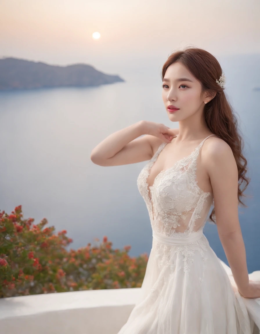 1 beautiful girl，Korean idol， (Realistic:1.3) (full bodyesbian:1.3), standing photo,Santorini, Stand in front of the( blue sea), White wedding dress, wedding decoration,Soft dress, Masterpiece, diffused soft lighting, Portrait, Best quality, (Perfect face:1.4), Ultra-realistic Highly detailed, Complex and realistic simulation style photos, Cinematic lighting, studio shoot, Elegant Pose, upper body