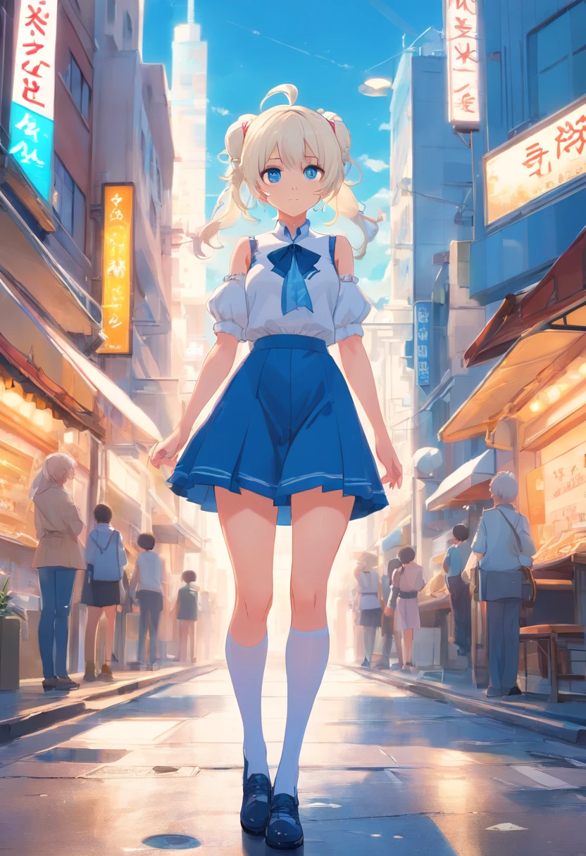 White color hair,Double ponytail curls,blue color eyes,White ta,Beth,A bustling city street,huge tit,cleavage,white stockings,Small leather shoes