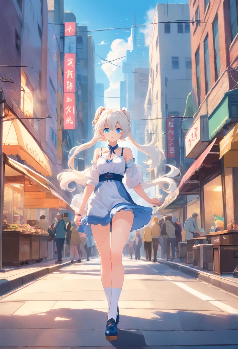 White color hair,Double ponytail curls,blue color eyes,White Lolita,Beth,A bustling city street,huge tit,cleavage,white stockings,Small leather shoes
