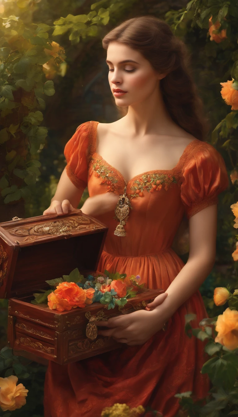 A girl with beautiful detailed eyes and lips standing in a garden, surrounded by blooming flowers and lush greenery. She is wearing a flowing dress that matches the vibrant colors of the flowers. The sunlight gently filters through the leaves, casting a soft, warm glow on the scene. The girl is holding a mysterious old-fashioned treasure chest, covered in intricate carvings and adorned with precious gemstones. The chest is made of polished mahogany wood, giving it a rich and luxurious texture. The girl's eyes are filled with curiosity and excitement as she unlocks the chest with a golden key. Inside the chest, there are stacks of old letters, faded photographs, and delicate antique jewelry. The air is filled with a sense of wonder and anticipation as she uncovers the secrets hidden within the chest. The entire scene is rendered with the best quality, showcasing ultra-detailed elements and a realistic, photorealistic style. The colors are vivid and vibrant, amplifying the beauty of the garden and the precious treasures within the chest. The lighting in the scene is carefully crafted, creating a warm and inviting ambiance.