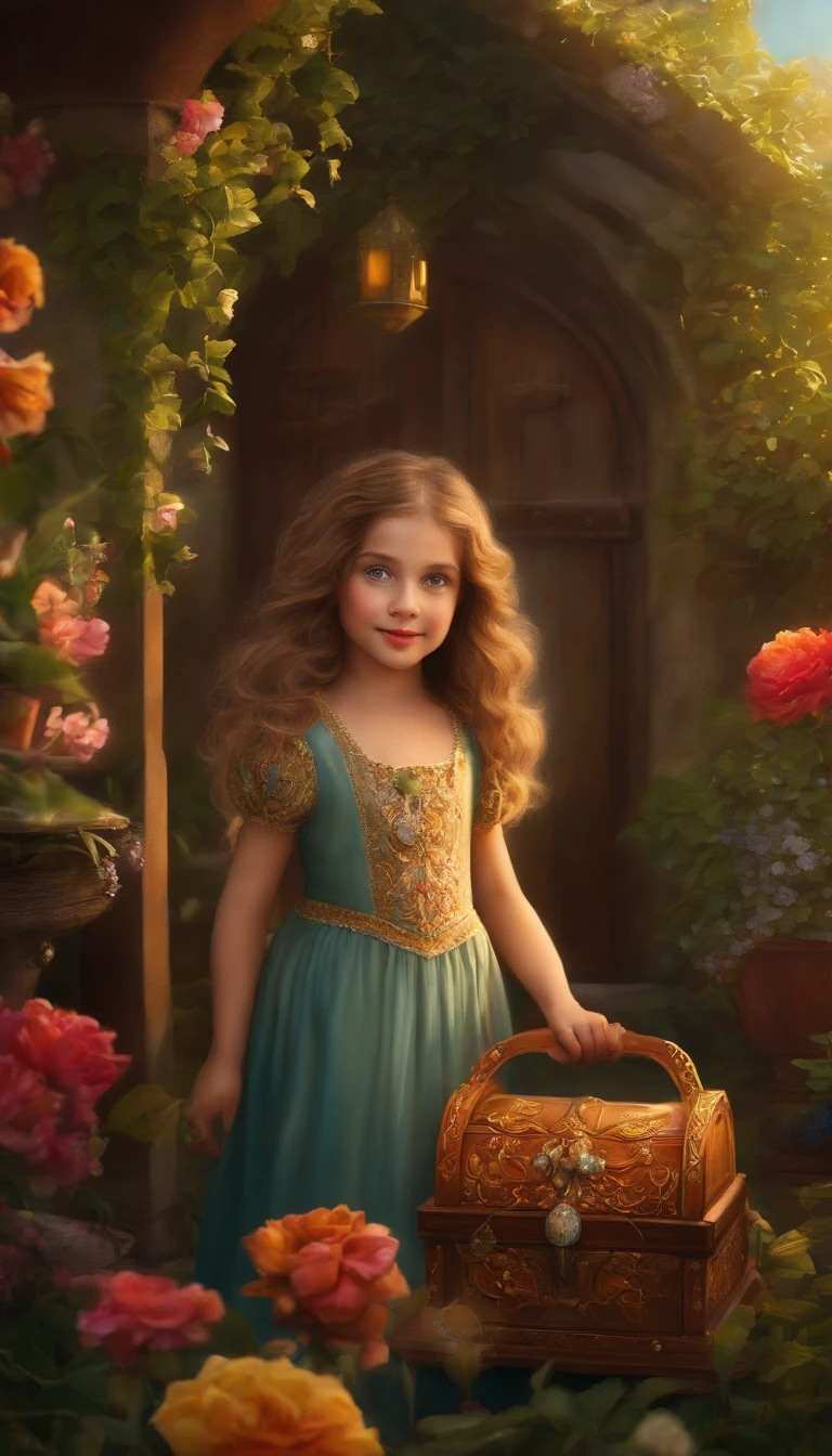 A girl with beautiful detailed eyes and lips standing in a garden, surrounded by blooming flowers and lush greenery. She is wearing a flowing dress that matches the vibrant colors of the flowers. The sunlight gently filters through the leaves, casting a soft, warm glow on the scene. The girl is holding a mysterious old-fashioned treasure chest, covered in intricate carvings and adorned with precious gemstones. The chest is made of polished mahogany wood, giving it a rich and luxurious texture. The girl's eyes are filled with curiosity and excitement as she unlocks the chest with a golden key. Inside the chest, there are stacks of old letters, faded photographs, and delicate antique jewelry. The air is filled with a sense of wonder and anticipation as she uncovers the secrets hidden within the chest. The entire scene is rendered with the best quality, showcasing ultra-detailed elements and a realistic, photorealistic style. The colors are vivid and vibrant, amplifying the beauty of the garden and the precious treasures within the chest. The lighting in the scene is carefully crafted, creating a warm and inviting ambiance.