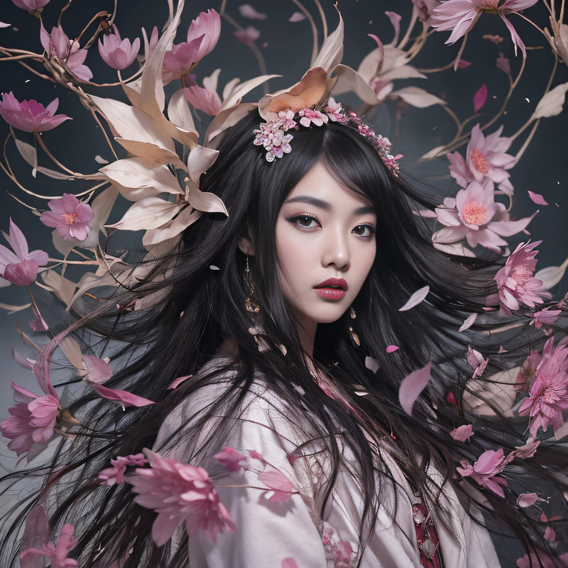 Gold backstop 32K(tmasterpiece,k hd,hyper HD,32K)Long flowing black hair,ponds,zydink, a color, Aozhou people (Concubine girl), (Purple silk scarf), Combat posture, looking at the ground, long whitr hair, Floating hair, Carp pattern headdress, Chinese long-sleeved clothing, (Abstract gouache splash:1.2), Pink petal background,Pink and white lotus flowers fly(realisticlying:1.4),Black color hair,Fallen leaves flutter,The background is pure, A high resolution, the detail, RAW photogr, Sharp Re, Nikon D850 Film Stock Photo by Jefferies Lee 4 Kodak Portra 400 Camera F1.6 shots, Rich colors, ultra-realistic vivid textures, Dramatic lighting, Unreal Engine Art Station Trend, cinestir 800,Long flowing black hair,Denim skirt