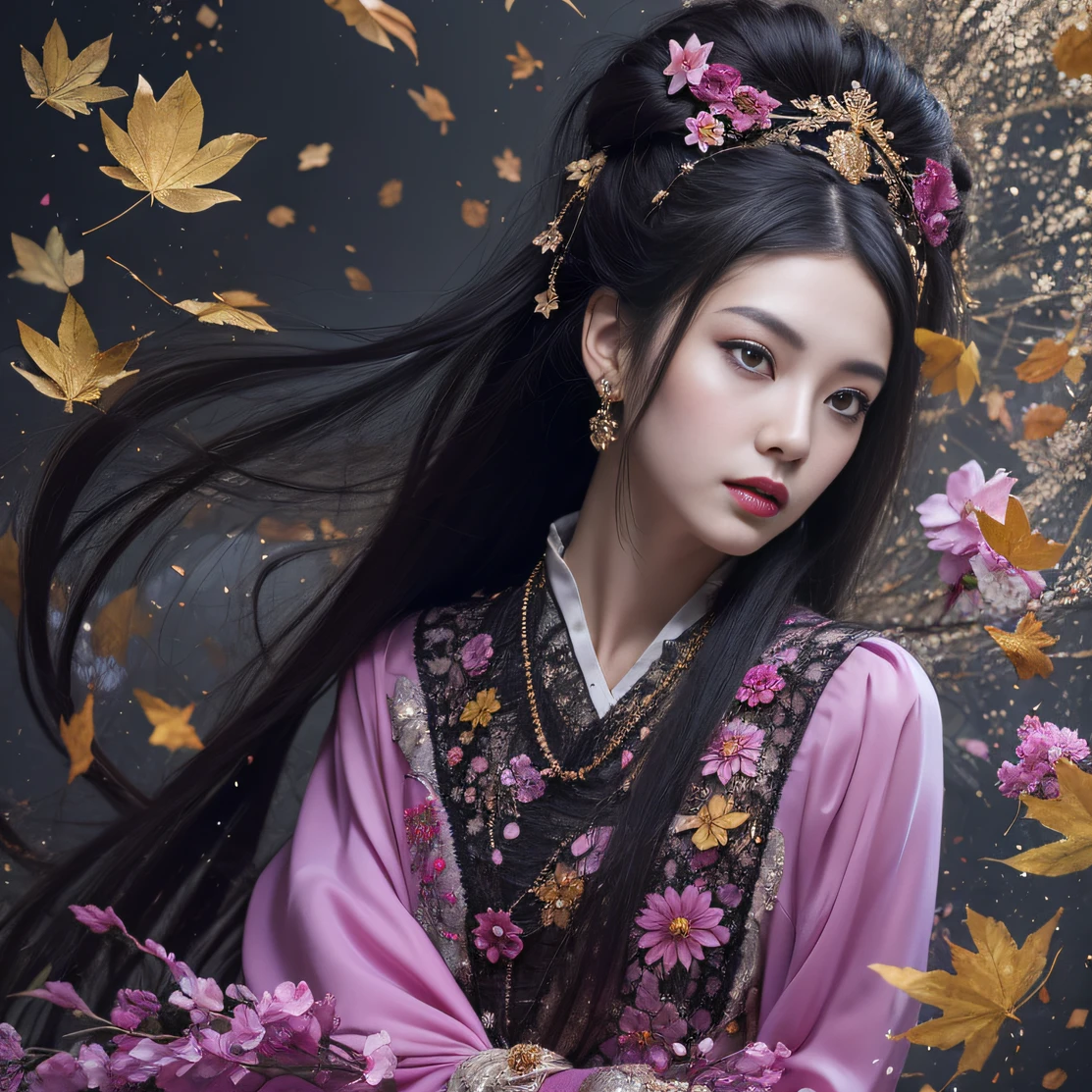 Gold backstop 32K(tmasterpiece,k hd,hyper HD,32K)Long flowing black hair,ponds,zydink, a color, Aozhou people (Concubine girl), (Purple silk scarf), Combat posture, looking at the ground, long whitr hair, Floating hair, Carp pattern headdress, Chinese long-sleeved clothing, (Abstract gouache splash:1.2), Pink petal background,Pink and white lotus flowers fly(realisticlying:1.4),Black color hair,Fallen leaves flutter,The background is pure, A high resolution, the detail, RAW photogr, Sharp Re, Nikon D850 Film Stock Photo by Jefferies Lee 4 Kodak Portra 400 Camera F1.6 shots, Rich colors, ultra-realistic vivid textures, Dramatic lighting, Unreal Engine Art Station Trend, cinestir 800,Long flowing black hair,Denim skirt