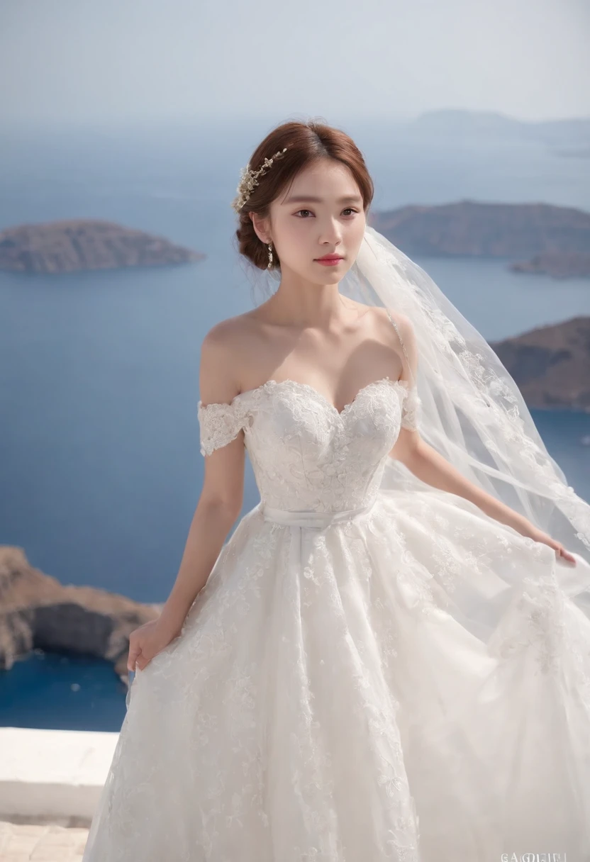 1 beautiful girl, Korean idol, (realism: 1.3) Santorini, front (blue sea), white wedding dress, wedding decoration, masterpiece, diffuse soft light, (portrait), best quality, ( Perfect facial part: 1.4), ultra-realistic high details, complex realistic simulation style photos, movie lighting, elegant posture, (close-up)