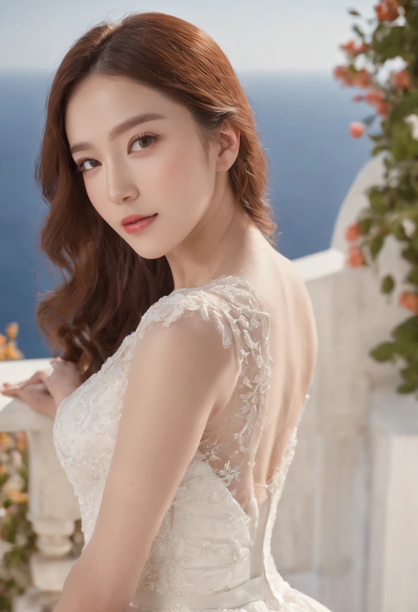 1 beautiful girl，Korean idol， (Realistic:1.3) (full bodyesbian:1.3), standing photo,Santorini, Stand in front of the( blue sea), White wedding dress, wedding decoration,Soft dress, Masterpiece, diffused soft lighting, Portrait, Best quality, (Perfect face:1.4), Ultra-realistic Highly detailed, Complex and realistic simulation style photos, Cinematic lighting, studio shoot, Elegant Pose, (close-up)