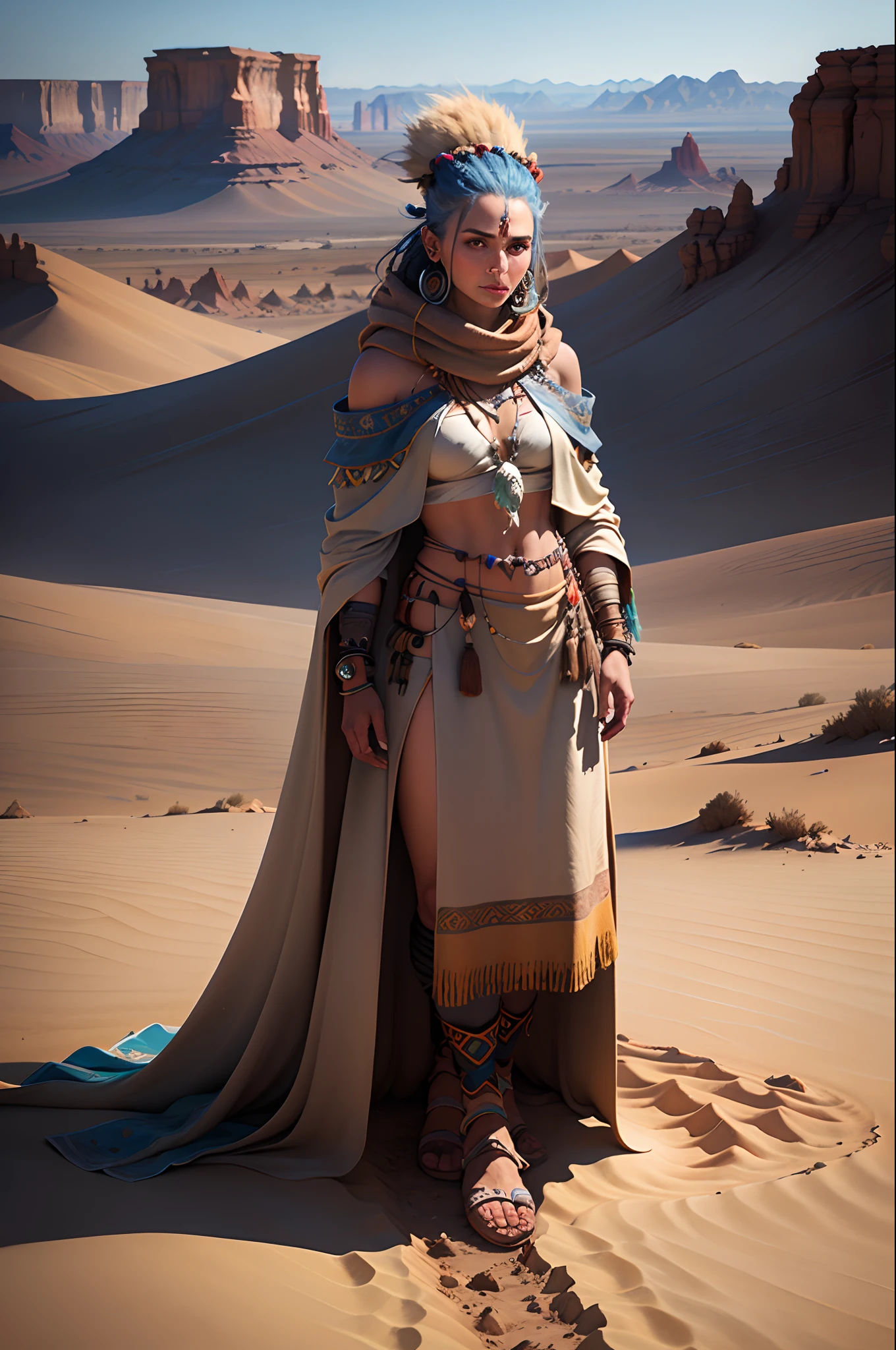 (cold desert),(modern shaman),(woman),(foregound character),(concept art),(detailed eyes, detailed lips),(long hair),(flowing robes),(mystical symbols),(ethereal),(mysterious),(tall staff),(intricate patterns),(harmonious colors),(weathered skin),(traditional jewelry),(overcast sky),(strong winds),(sand dunes),(vast expanse),(harsh environment),(a sense of solitude),(desolation),(sandstorm in the distance),(dramatic lighting effect),(shadows and highlights),(textures and details),(superb realism),(high contrast),(fine brushstrokes),(masterful composition),(captivating atmosphere),(bold and vibrant colors),(majestic and grand),(melancholic),(otherworldly),(unique vision),(fierce determination),(intriguing personality),(powerful presence),(dynamic and confident pose)