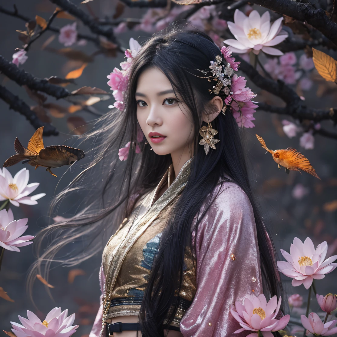 Gold backstop 32K(tmasterpiece,k hd,hyper HD,32K)Long flowing black hair,ponds,zydink, a color, Aozhou people (Concubine girl), (Purple silk scarf), Combat posture, looking at the ground, long whitr hair, Floating hair, Carp pattern headdress, Chinese long-sleeved clothing, (Abstract gouache splash:1.2), Pink petal background,Pink and white lotus flowers fly(realisticlying:1.4),Black color hair,Fallen leaves flutter,The background is pure, A high resolution, the detail, RAW photogr, Sharp Re, Nikon D850 Film Stock Photo by Jefferies Lee 4 Kodak Portra 400 Camera F1.6 shots, Rich colors, ultra-realistic vivid textures, Dramatic lighting, Unreal Engine Art Station Trend, cinestir 800,Long flowing black hair,Denim skirt