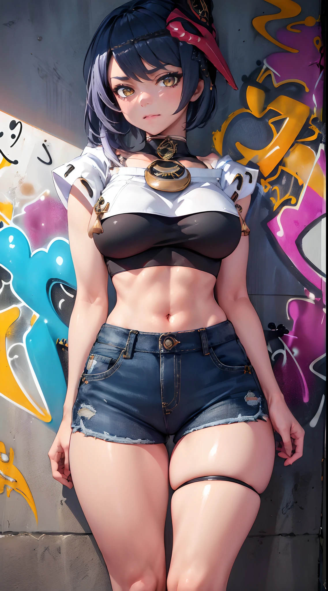 Kujou Sara Genshin Effect, masterpiece, bestquality, 1girls, oversized breasts, bara, crop top, shorts jeans, choker, (Graffiti:1.5), Splash with purple lightning pattern., arm behind back, against wall, View viewers from the front., Thigh strap, Head tilt, bored, Ponytail, water eyes,