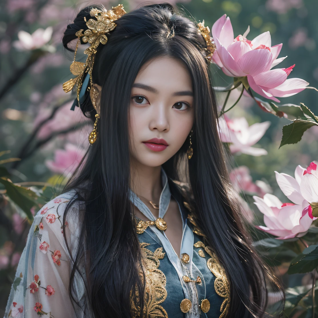 Gold backstop 32K(tmasterpiece,k hd,hyper HD,32K)Long flowing black hair,ponds,zydink, a color, Aozhou people (Concubine girl), (Purple silk scarf), Combat posture, looking at the ground, long whitr hair, Floating hair, Carp pattern headdress, Chinese long-sleeved clothing, (Abstract gouache splash:1.2), Pink petal background,Pink and white lotus flowers fly(realisticlying:1.4),Black color hair,Fallen leaves flutter,The background is pure, A high resolution, the detail, RAW photogr, Sharp Re, Nikon D850 Film Stock Photo by Jefferies Lee 4 Kodak Portra 400 Camera F1.6 shots, Rich colors, ultra-realistic vivid textures, Dramatic lighting, Unreal Engine Art Station Trend, cinestir 800,Long flowing black hair,Denim skirt