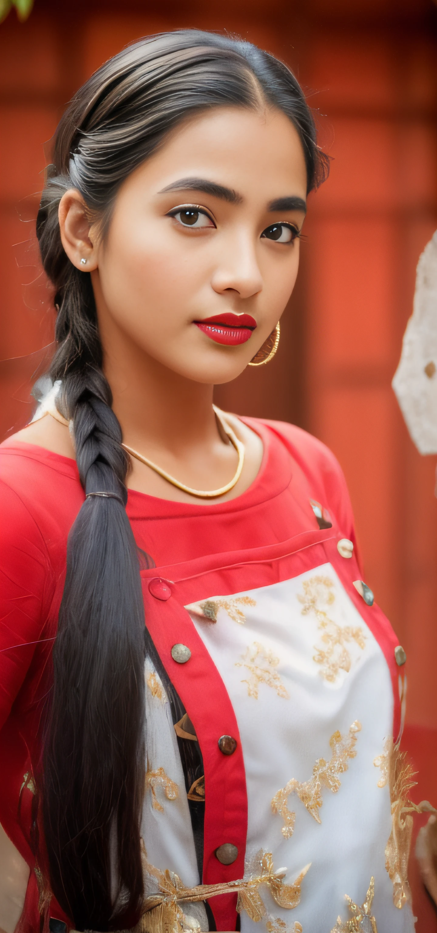 there is a young girl with a black apron and a red lipstick, very beautiful girl, very beautiful enga style, with lovely look, with accurate face, cute beautiful, srilanka female model, attractive girl, beutiful face, very beautiful photo, beuatiful face, beautiful cute, very very very beautifull face, very beautiful cute catgirl, beutifull, ((film grain, skin details, high detailed skin texture, 8k hdr, dslr))