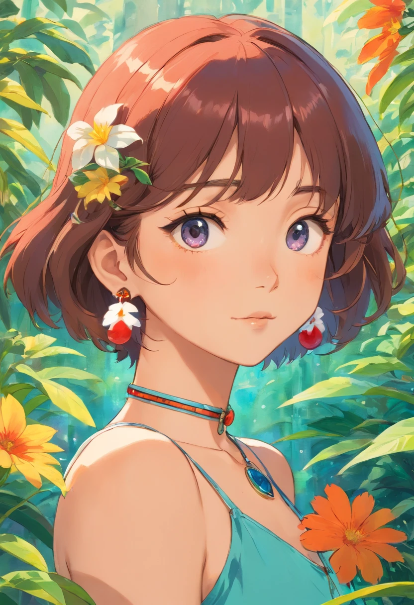 Una chica con un collar de anime, un collar largo y pendientes, al estilo de los tranquilos jardinescabos, Colorful animation stills, Masami Teraoka, aguamarina, Paul Gauguin, Estilo Embry, Honest representation