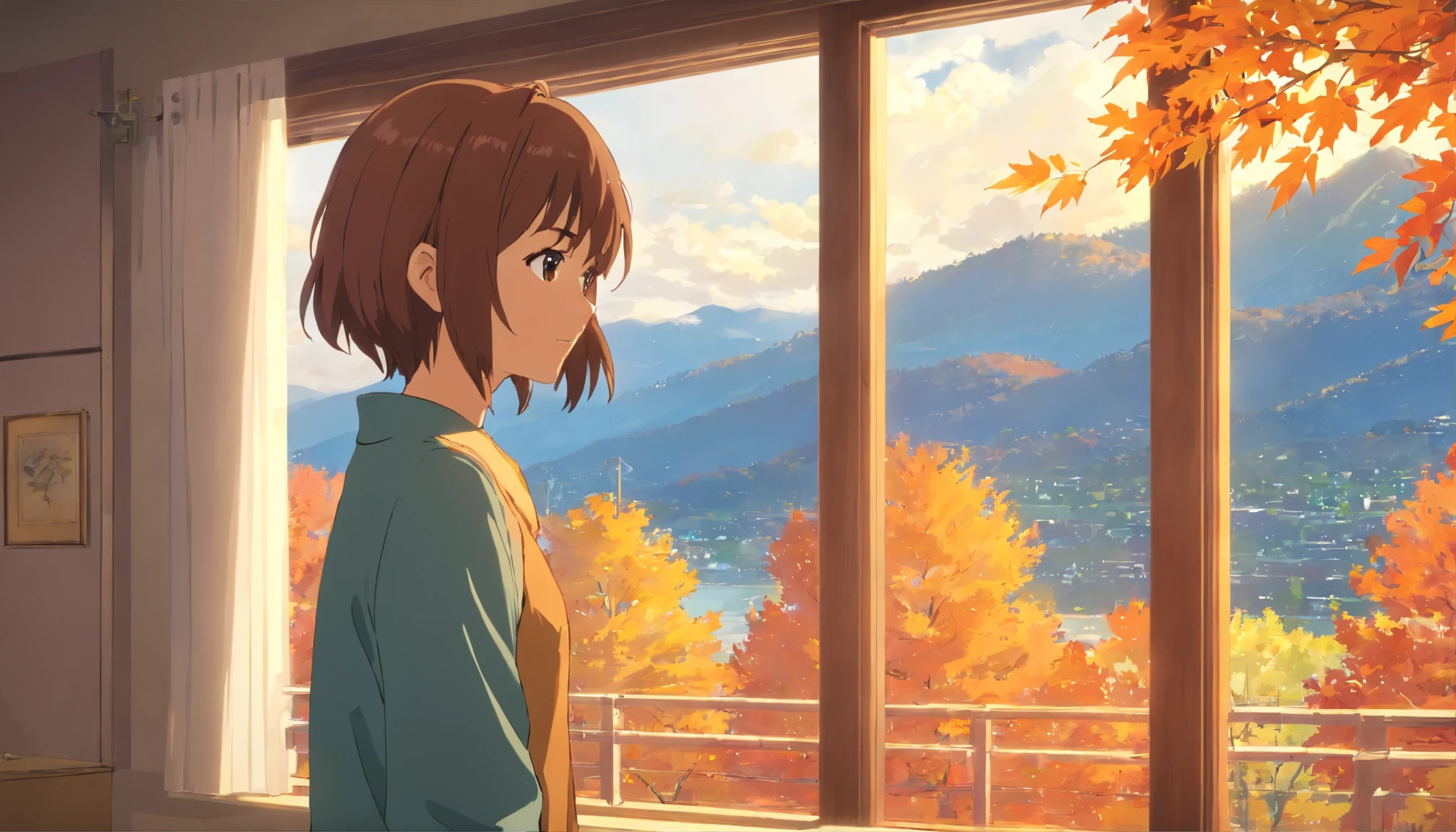 Autumn view outside the window,A gentle breeze blows into the house,The white curtains were blown up,Maple leaves fall outside the window,In the distance, it was a golden yellow,best qualtiy,hyper HD,high qulity,high detal,Perfect picture,anatomy correct,Textured skin,acurate,finedetail