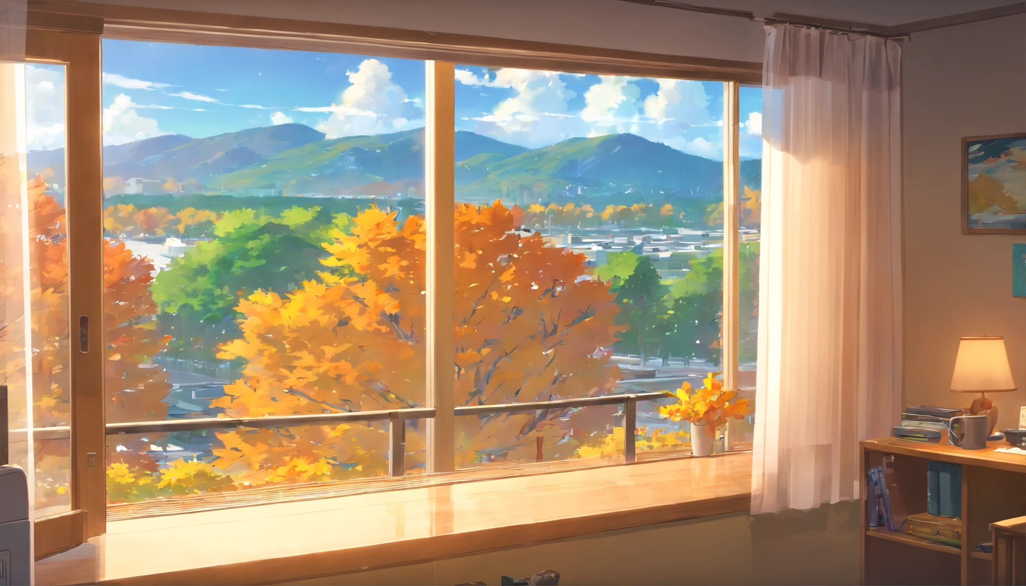 Autumn view outside the window，A gentle breeze blows into the house，The white curtains were blown up，Maple leaves fall outside the window，In the distance, it was a golden yellow，best qualtiy,hyper HD,high qulity,high detal,Perfect picture,??????? correct,Textured skin,acurate,finedetail