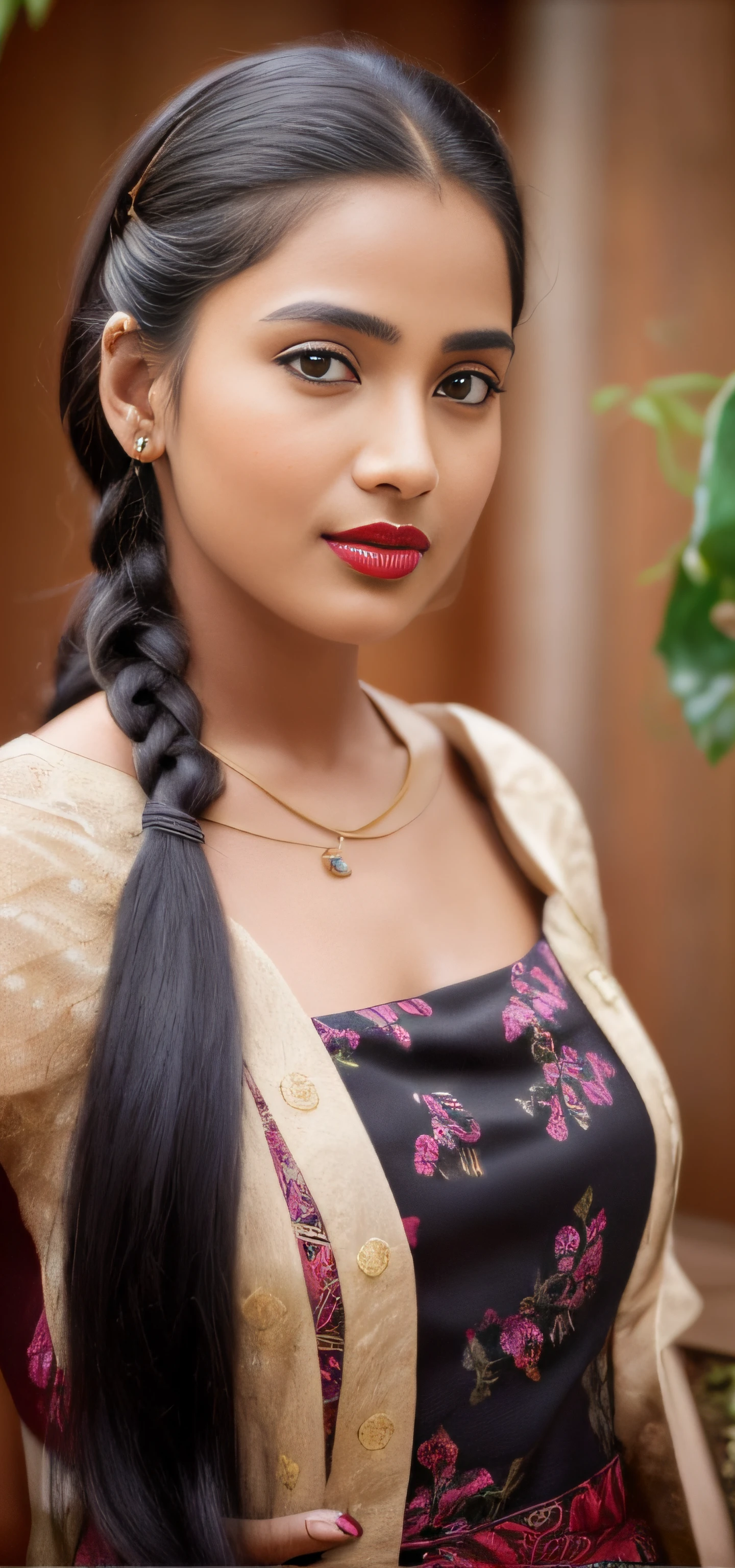 there is a young girl with a black apron and a red lipstick, very beautiful girl, very beautiful enga style, with lovely look, with accurate face, cute beautiful, srilanka female model, attractive girl, beutiful face, very beautiful photo, beuatiful face, beautiful cute, very very very beautifull face, very beautiful cute catgirl, beutifull, ((film grain, skin details, high detailed skin texture, 8k hdr, dslr)), indian detailed skin structure, natural glowing skin